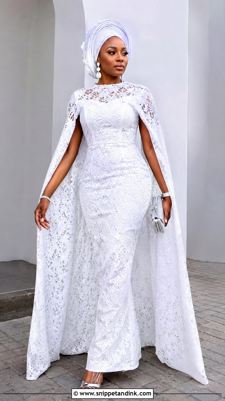 White Aso Ebi Lace Cape Gown - Snippet and Ink - 25 White Aso Ebi Lace Gown Styles