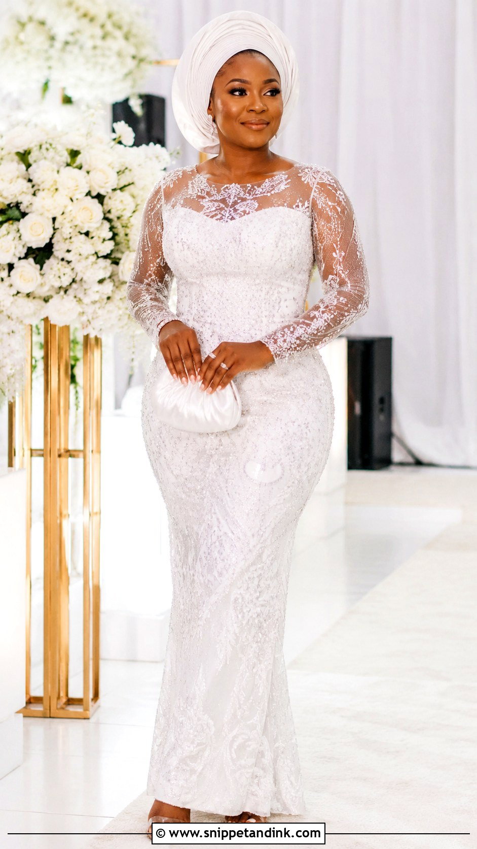 White Aso Ebi Lace Gown With Beads - Snippet and Ink - 30 Latest White Aso Ebi Lace Gown Styles