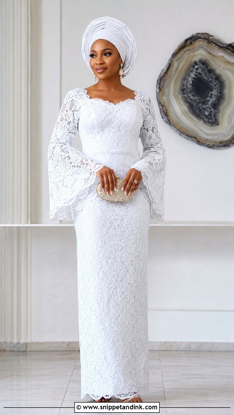 White Aso Ebi Lace Gown With Bell Sleeves - Snippet and Ink - 30 Latest White Aso Ebi Lace Gown Styles