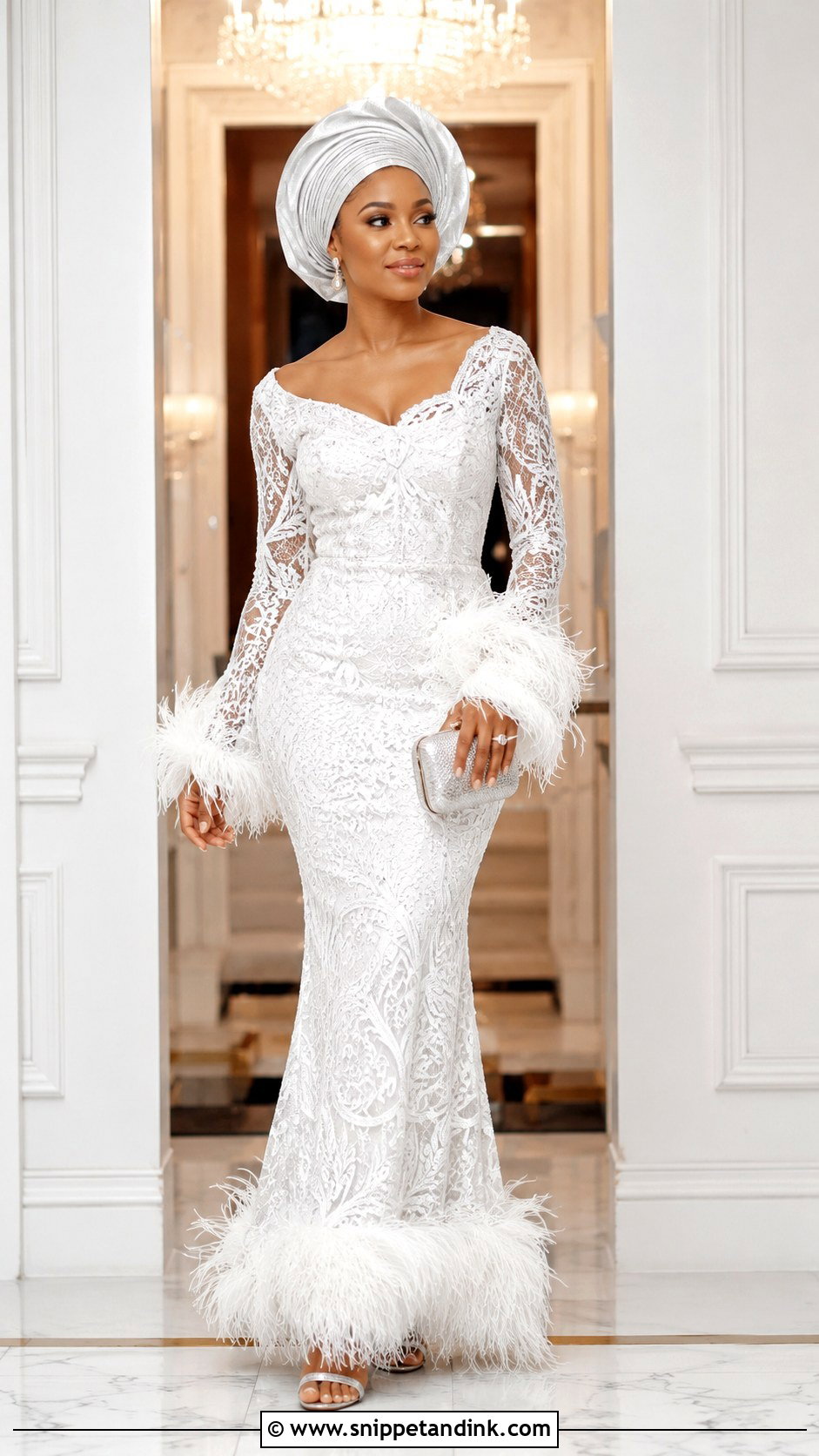 White Aso Ebi Lace Gown With Feathers - Snippet and Ink - 30 Latest White Aso Ebi Lace Gown Styles