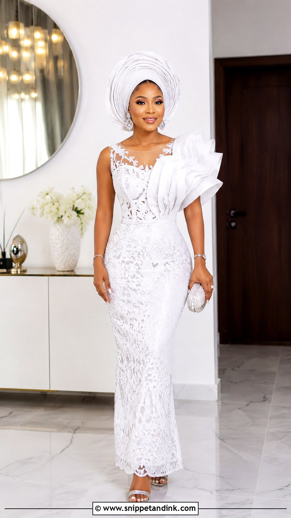 White Aso Ebi Lace Gown With Gele - Snippet and Ink - 25 White Aso Ebi Lace Gown Styles