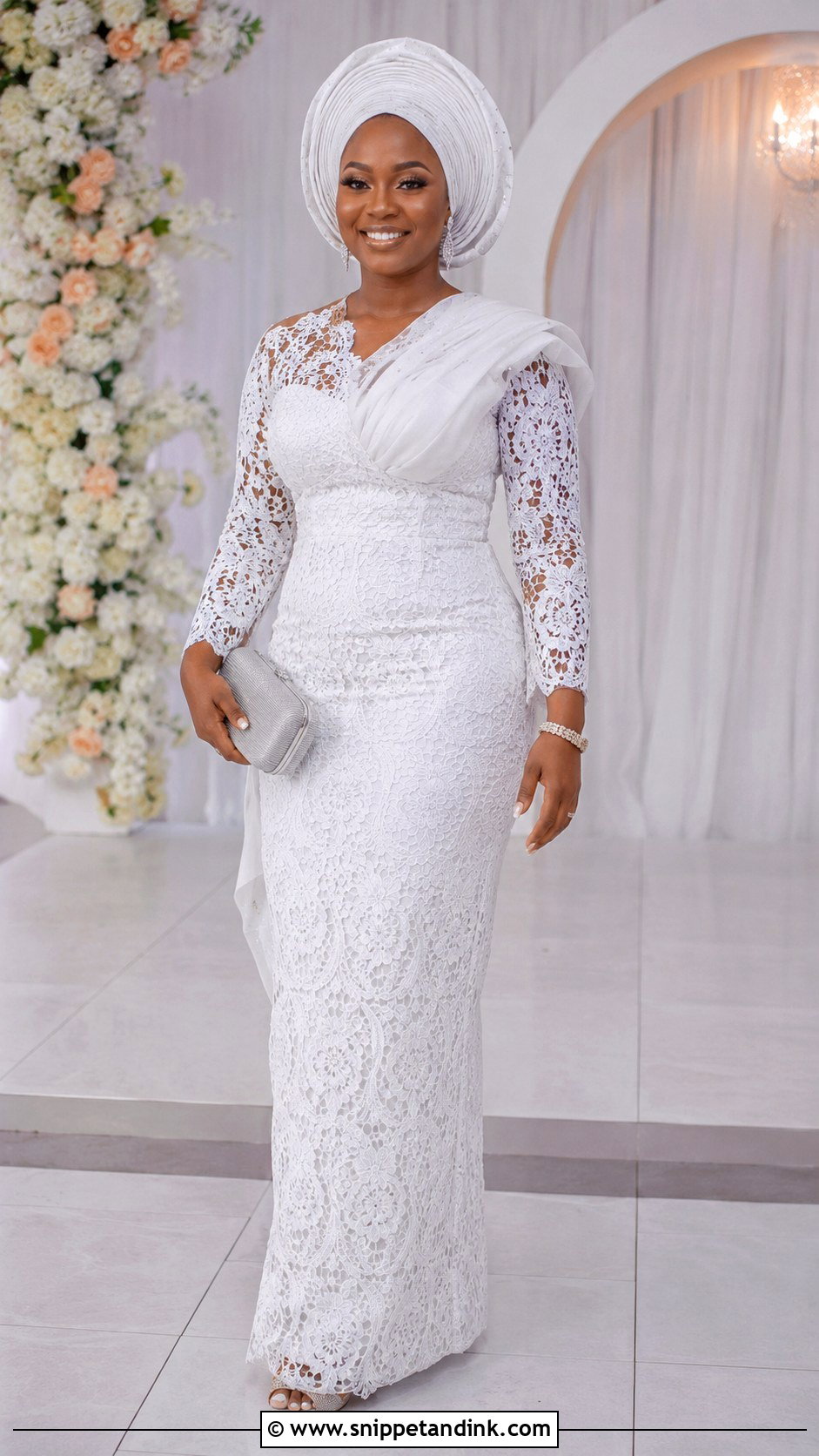 White Aso Ebi Lace Gown With Gele - Snippet and Ink - 30 Latest White Aso Ebi Lace Gown Styles