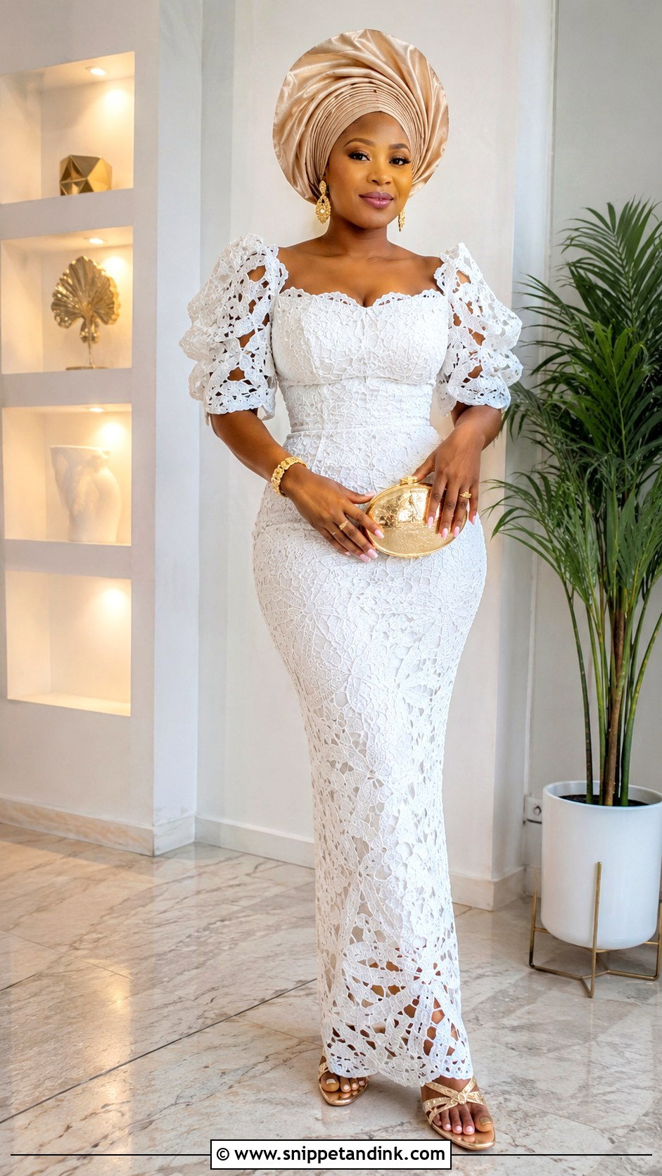 White Aso Ebi Lace Gown With Gold Accessories - Snippet and Ink - 30 Latest White Aso Ebi Lace Gown Styles