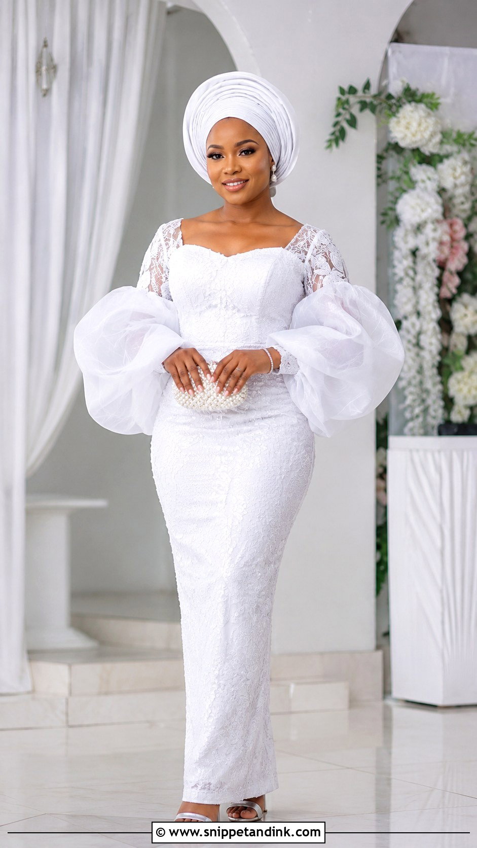White Aso Ebi Lace Gown With Organza Sleeves - Snippet and Ink - 30 Latest White Aso Ebi Lace Gown Styles