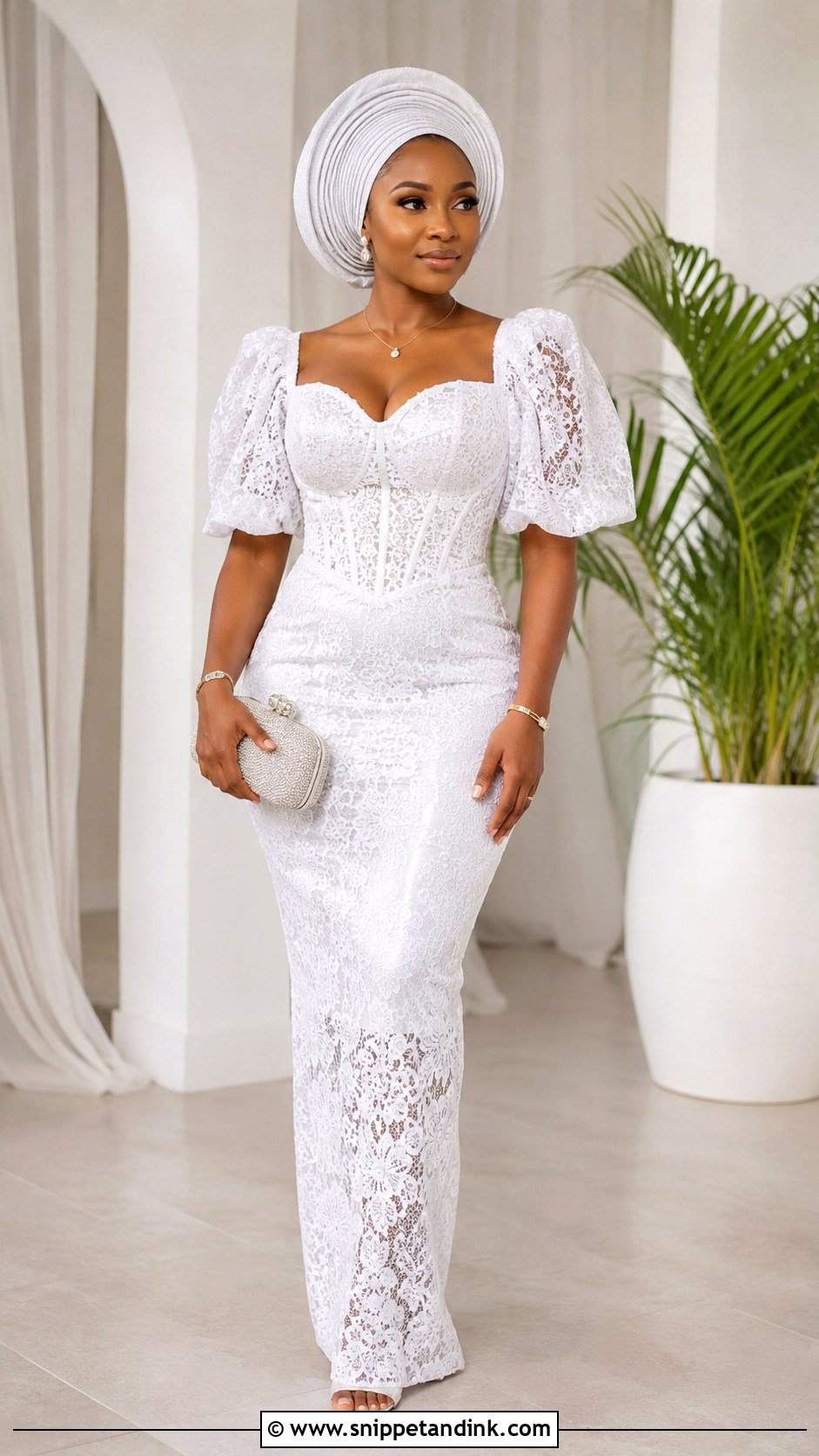 White Aso Ebi Lace Gown With Puff Sleeves - Snippet and Ink - 30 Latest White Aso Ebi Lace Gown Styles