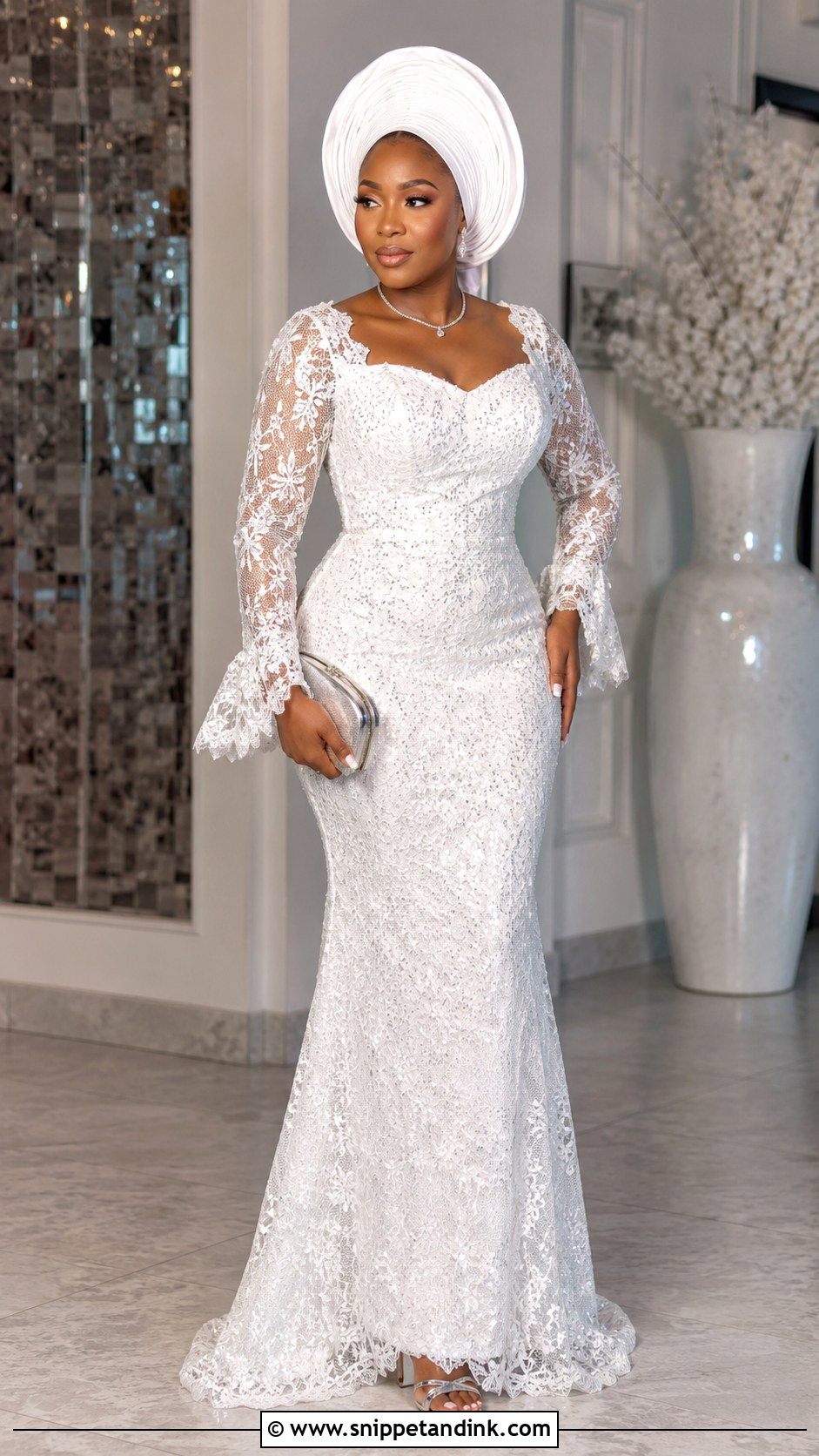 White Aso Ebi Lace Gown With Sequins - Snippet and Ink - 30 Latest White Aso Ebi Lace Gown Styles