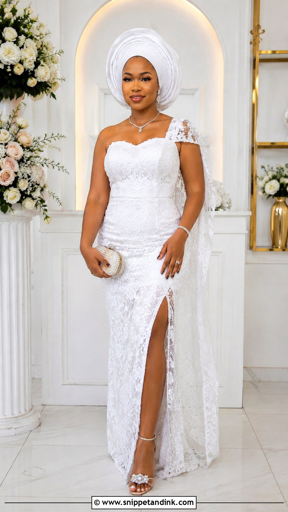 White Aso Ebi Lace Gown With Slit - Snippet and Ink - 30 Latest White Aso Ebi Lace Gown Styles