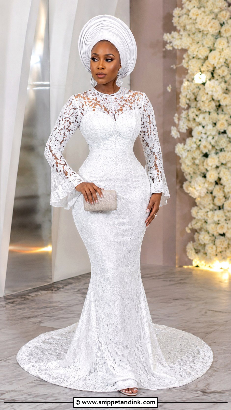White Aso Ebi Lace Gown With Train - Snippet and Ink - 30 Latest White Aso Ebi Lace Gown Styles