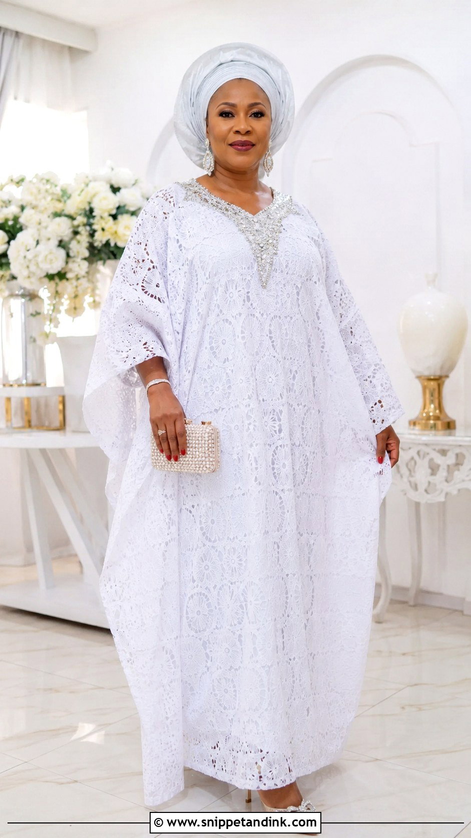 White Aso Ebi Lace Kaftan Gown - Snippet and Ink - 30 Latest White Aso Ebi Lace Gown Styles