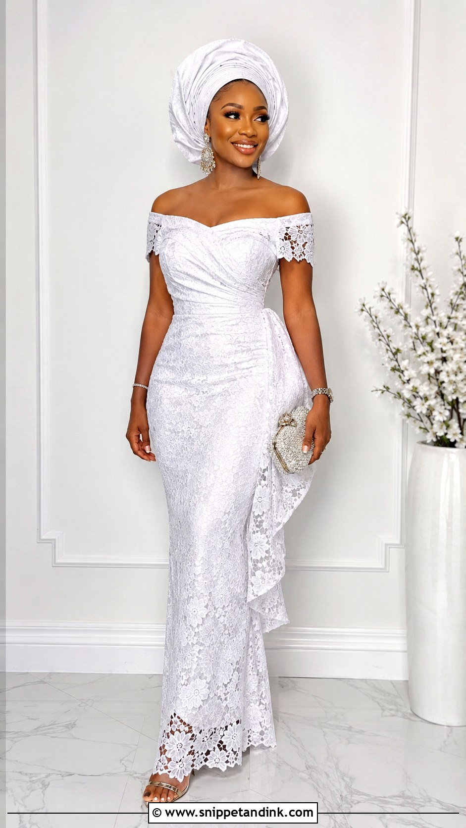White Aso Ebi Lace Off Shoulder Gown - Snippet and Ink - 25 White Aso Ebi Lace Gown Styles