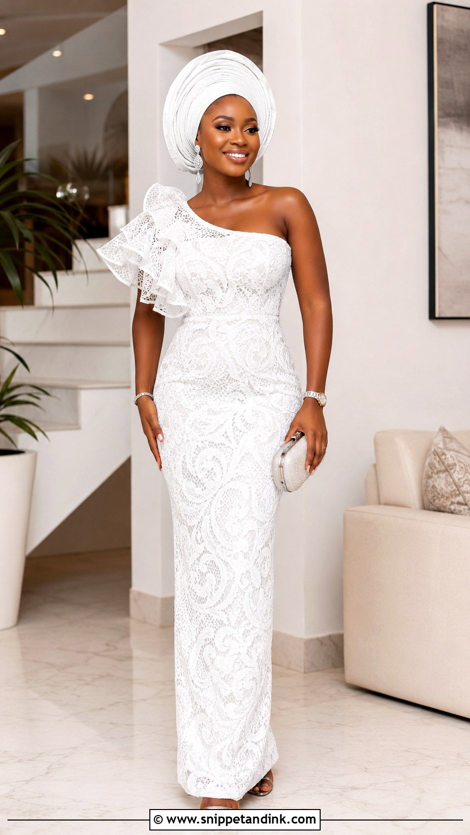 White Aso Ebi Lace One Shoulder Gown - Snippet and Ink - 25 White Aso Ebi Lace Gown Styles