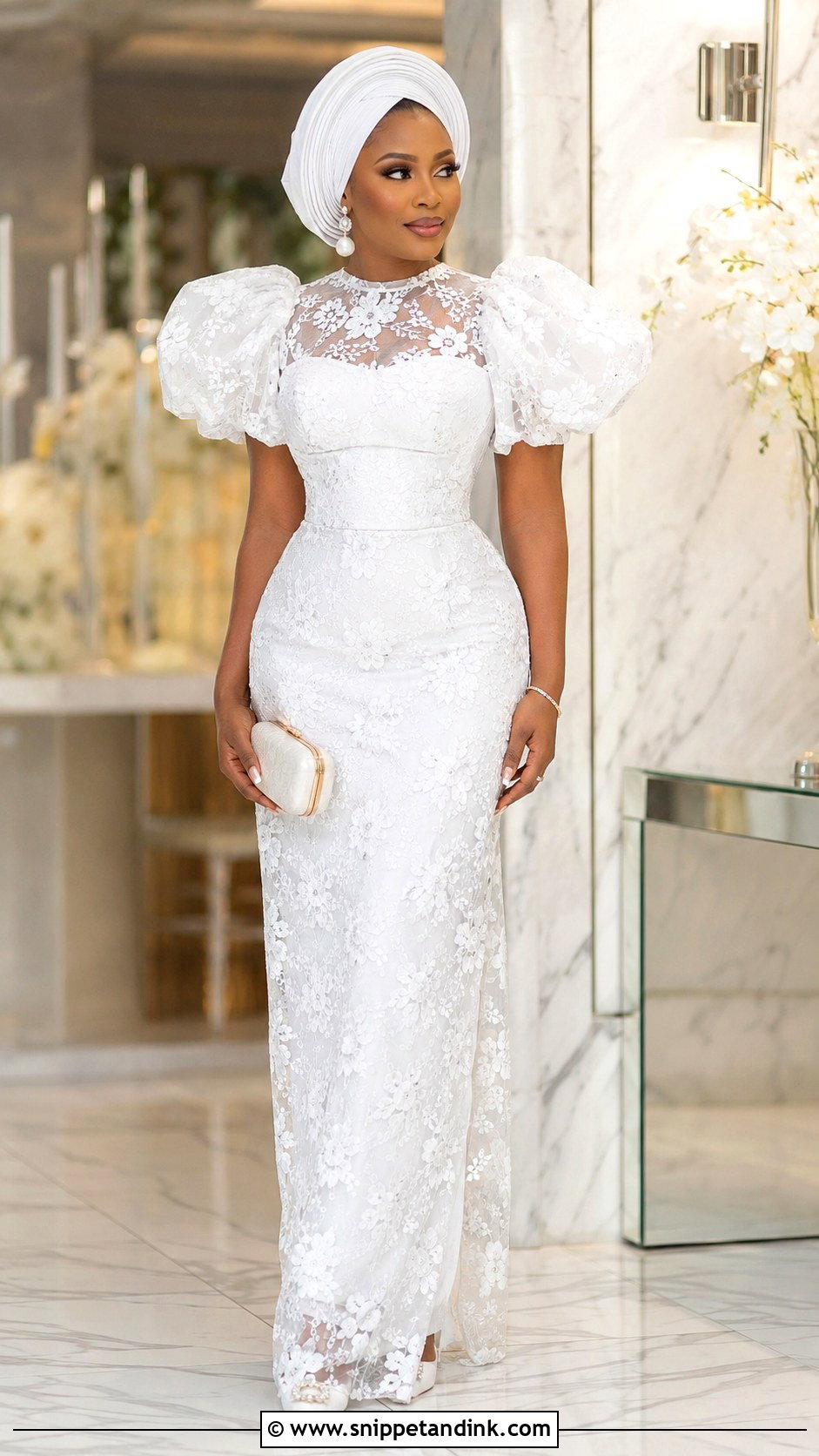 White Aso Ebi Lace Puff Sleeve Gown - Snippet and Ink - 25 White Aso Ebi Lace Gown Styles