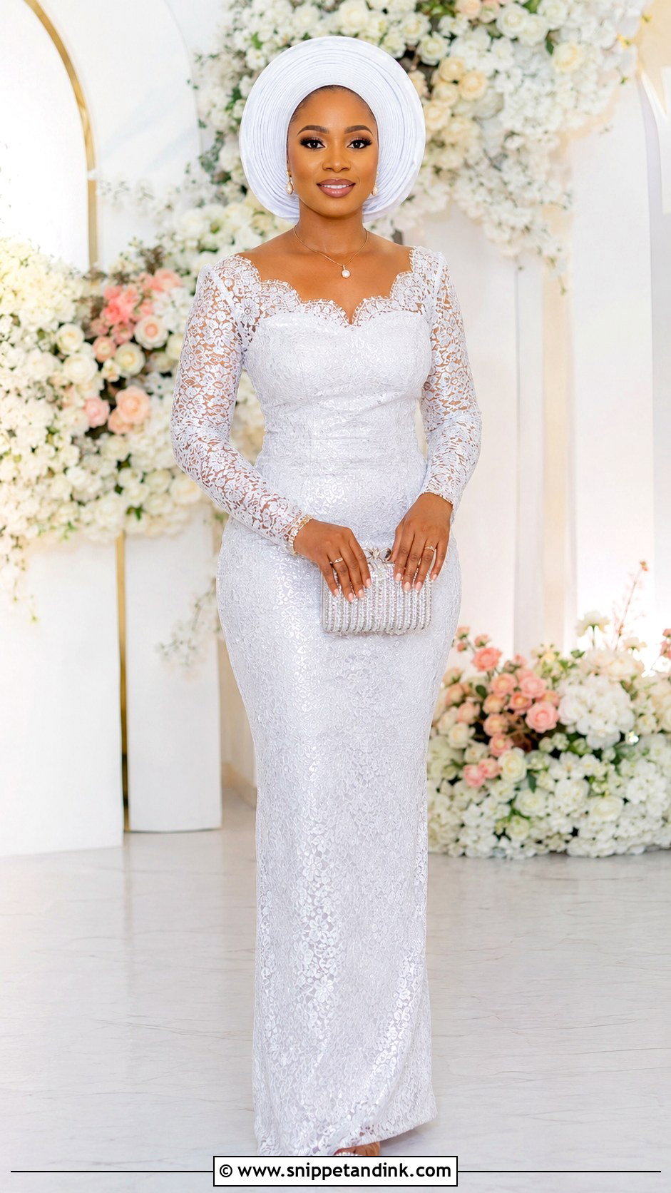 White Aso Ebi Long Sleeve Lace Gown - Snippet and Ink - 30 Latest White Aso Ebi Lace Gown Styles