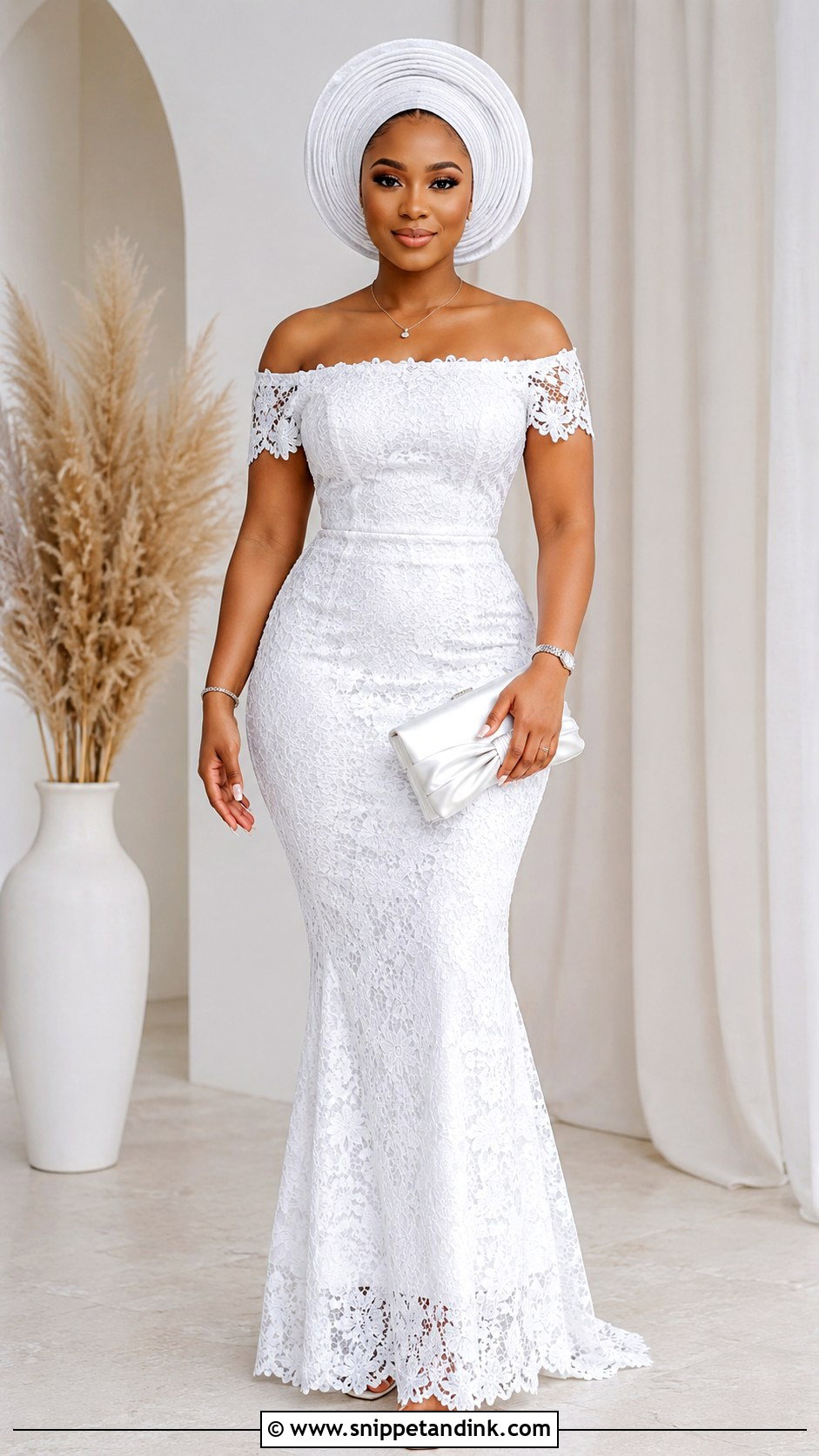 White Aso Ebi Off Shoulder Lace Gown - Snippet and Ink - 30 Latest White Aso Ebi Lace Gown Styles
