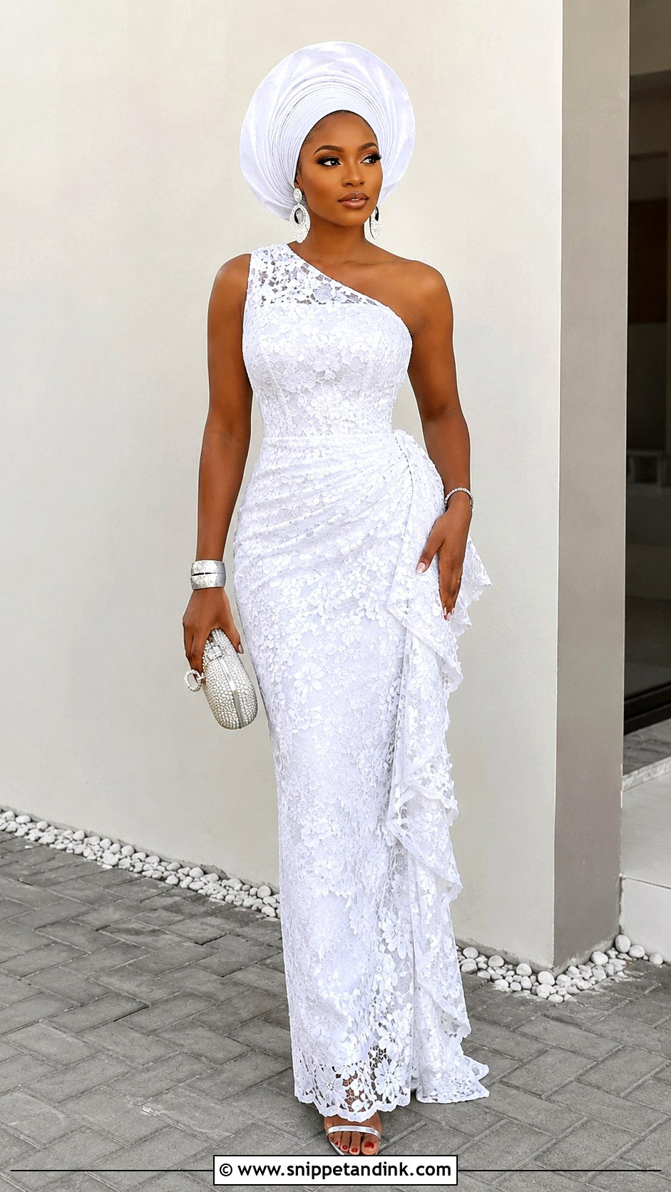 White Aso Ebi One Shoulder Lace Gown - Snippet and Ink - 30 Latest White Aso Ebi Lace Gown Styles