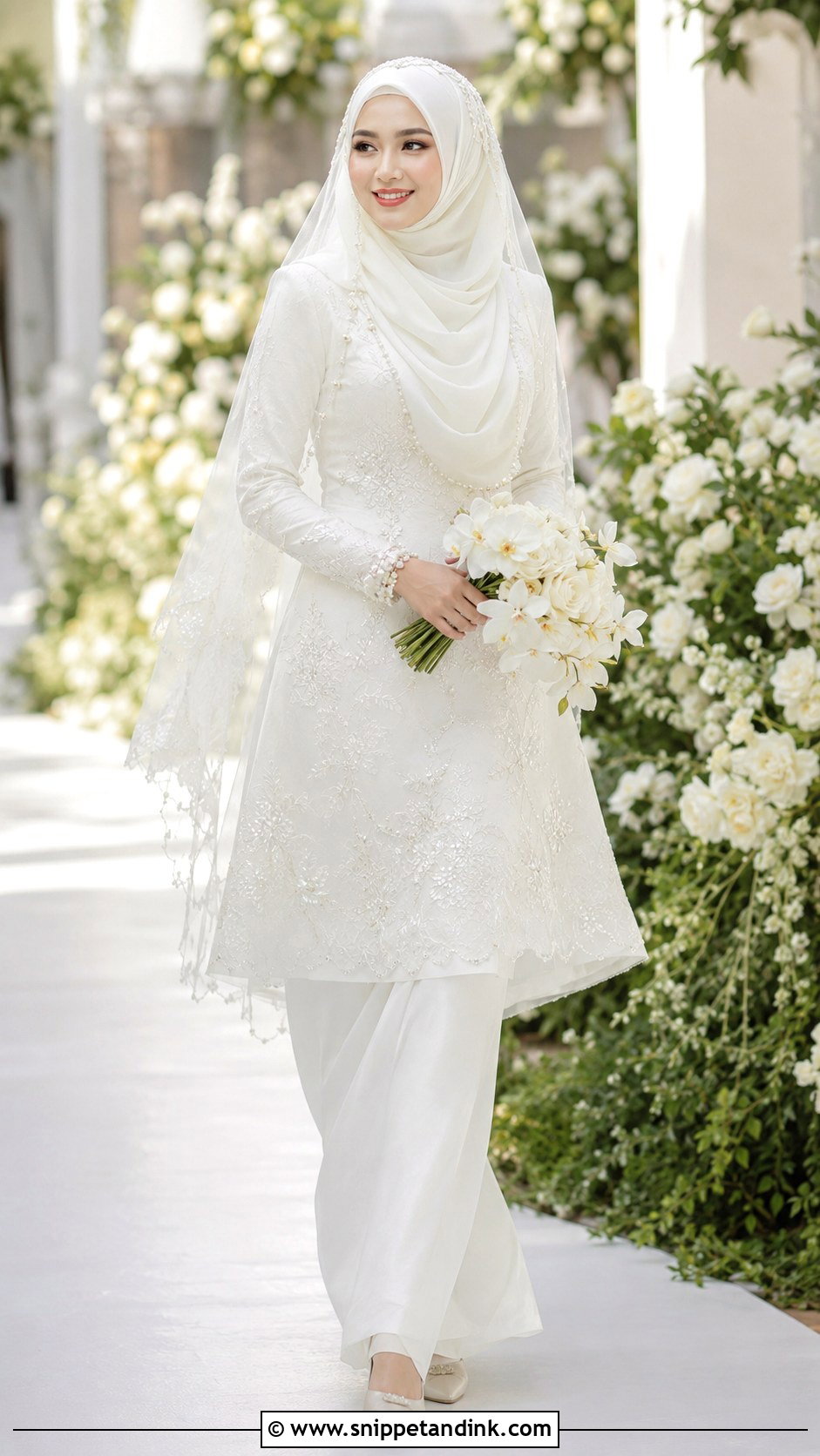 White Baju Kurung Riau Wedding Dress Hijab - Snippet and Ink - 20 Malaysia Wedding Dress Hijab Ideas