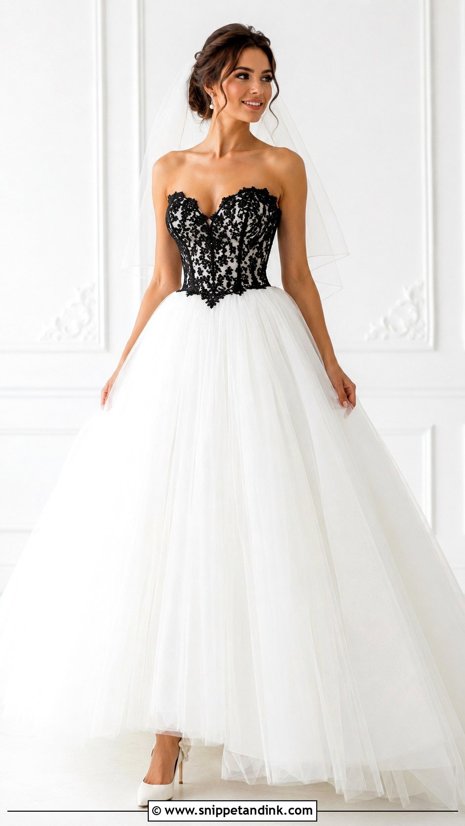 White Ball Gown Wedding Dress With Black Lace Bodice - Snippet and Ink - 25 White Wedding Dress with Black Lace Ideas