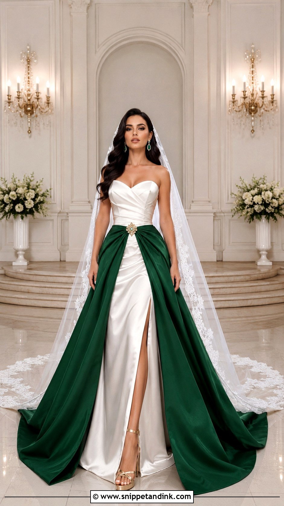 White Ball Gown With Emerald Green Overskirt - Snippet and Ink - 20 White and Green Wedding Dress Ideas