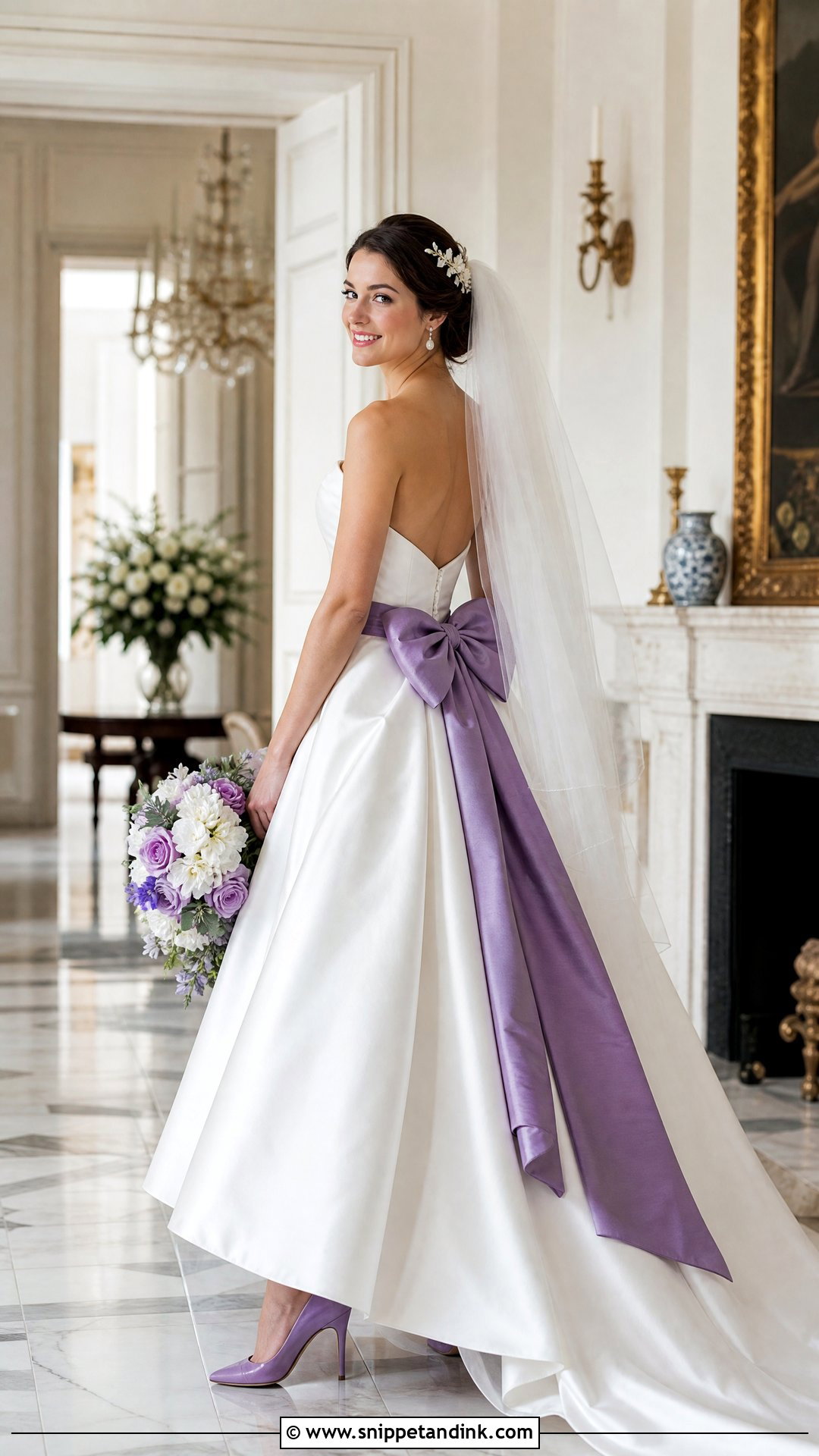 White Ball Gown With Purple Sash - Snippet and Ink - 25 Purple and White Wedding Dress Ideas