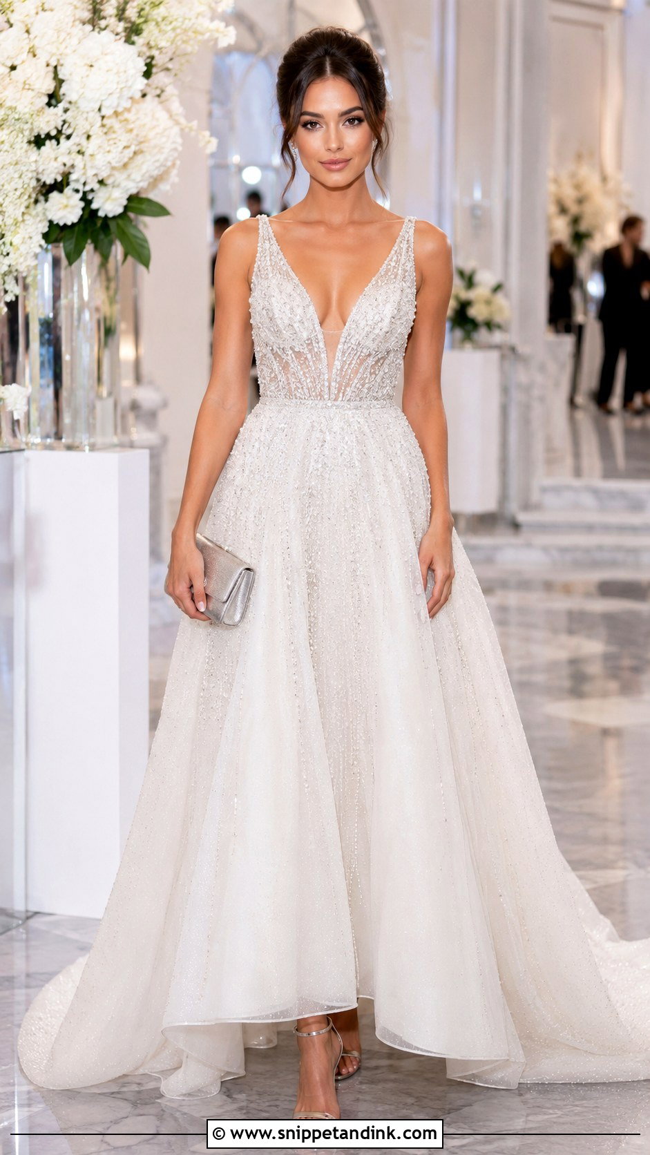 White Beaded Ball Gown With Metallic Clutch - Snippet and Ink - 25 White Ball Gown Ideas