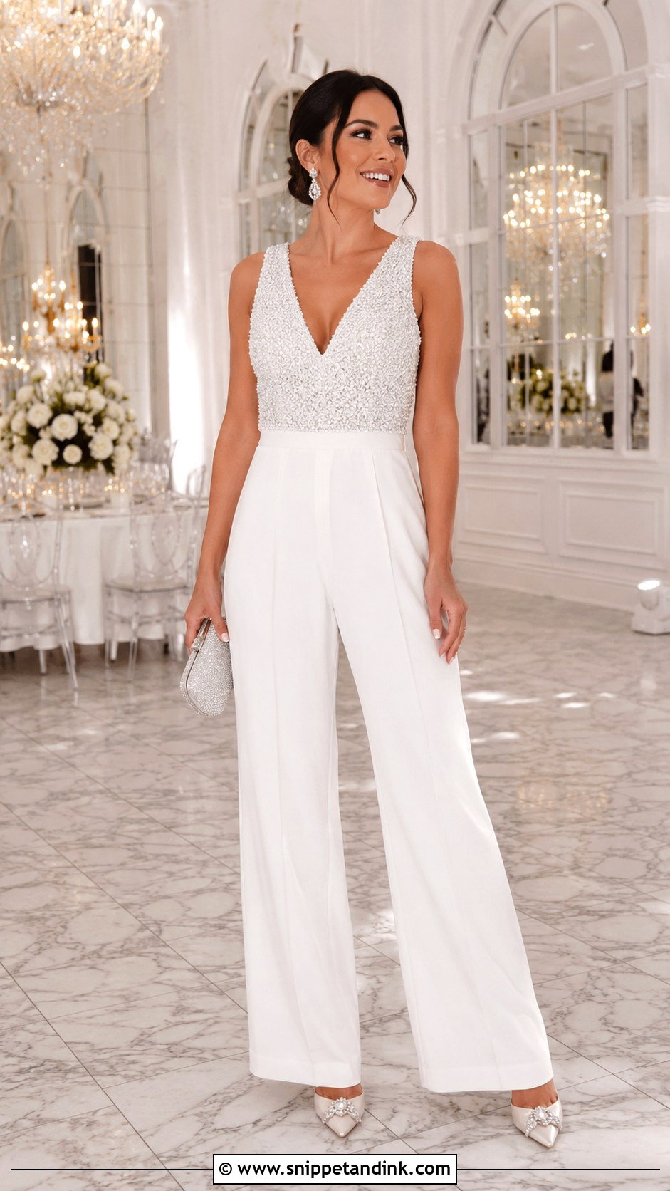 White Beaded Wedding Jumpsuit - Snippet and Ink - 30 White Wedding Jumpsuit Ideas