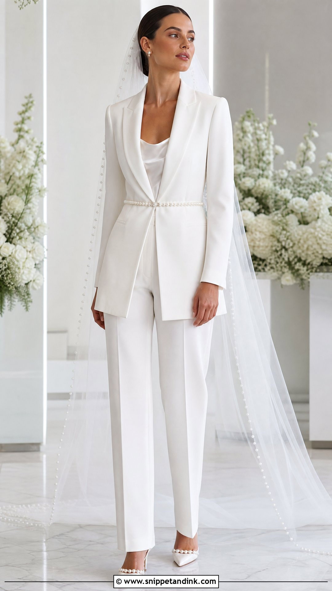 White Belted Bridal Suit With Pearl Accessories - Snippet and Ink - 20 White Bridal Suit Ideas