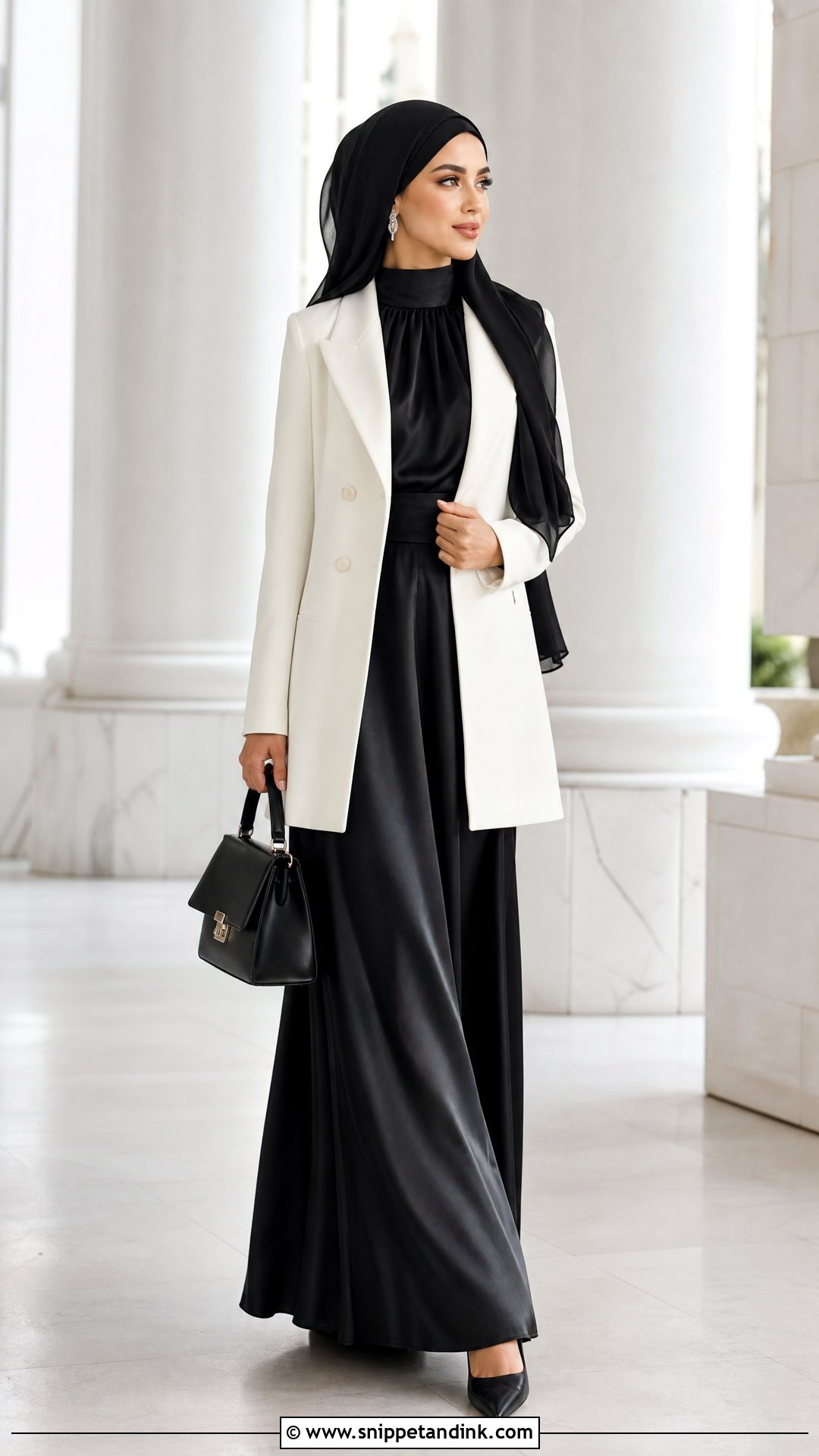 White Blazer And Black Maxi Skirt Hijab Outfit - Snippet and Ink - 25 Hijab Formal Dress Ideas