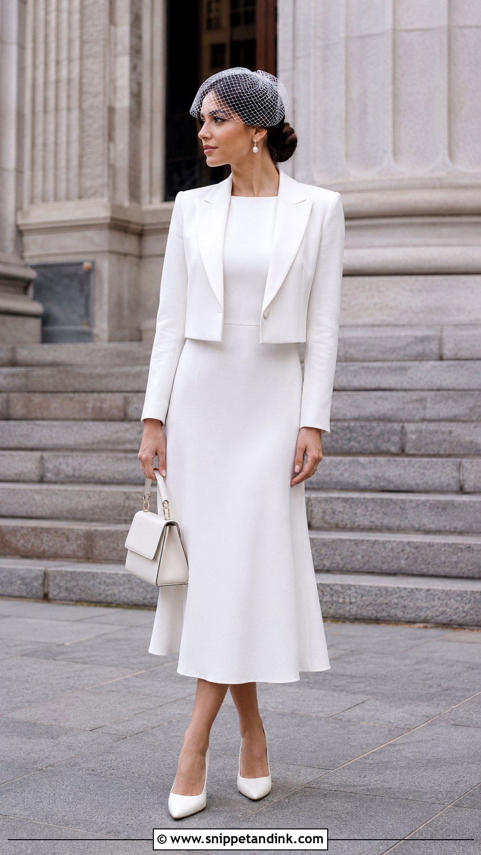 White Blazer And Midi Wedding Dress - Snippet and Ink - 20 Midi White Wedding Dress Ideas