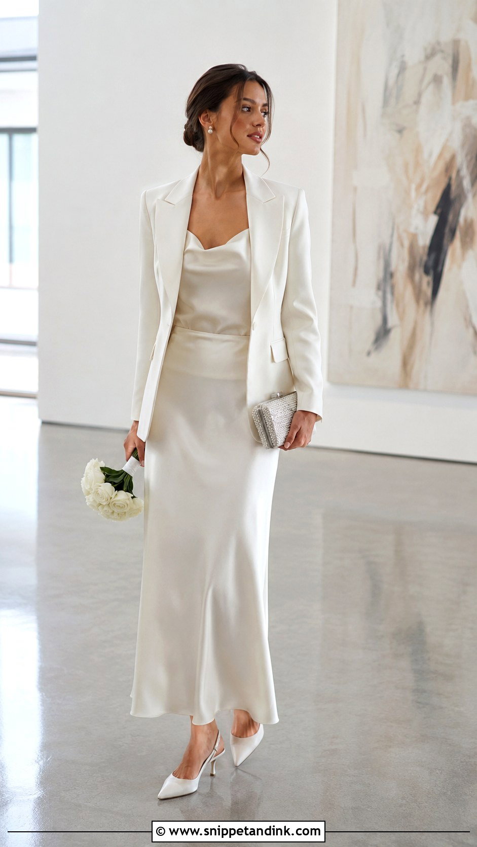 White Blazer And Satin Skirt Wedding Outfit - Snippet and Ink - 20 Alternative Wedding Outfit Ideas
