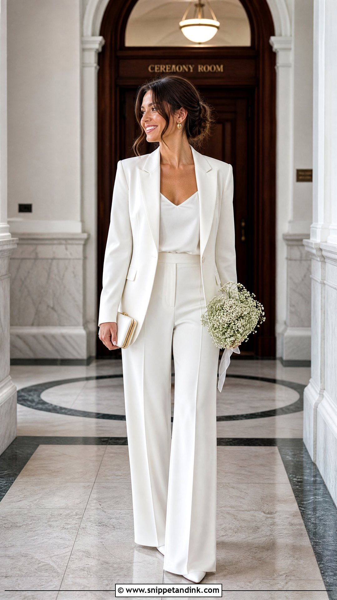 White Blazer And Trousers Courthouse Wedding Outfit - Snippet and Ink - 25 Casual Courthouse Wedding Outfit Ideas
