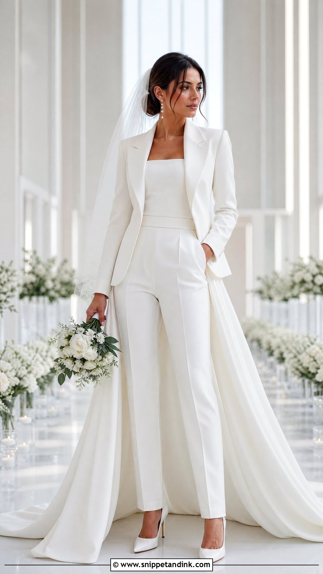 White Blazer Suit With Detachable Train - Snippet and Ink - 20 White Suit for Wedding Women Ideas