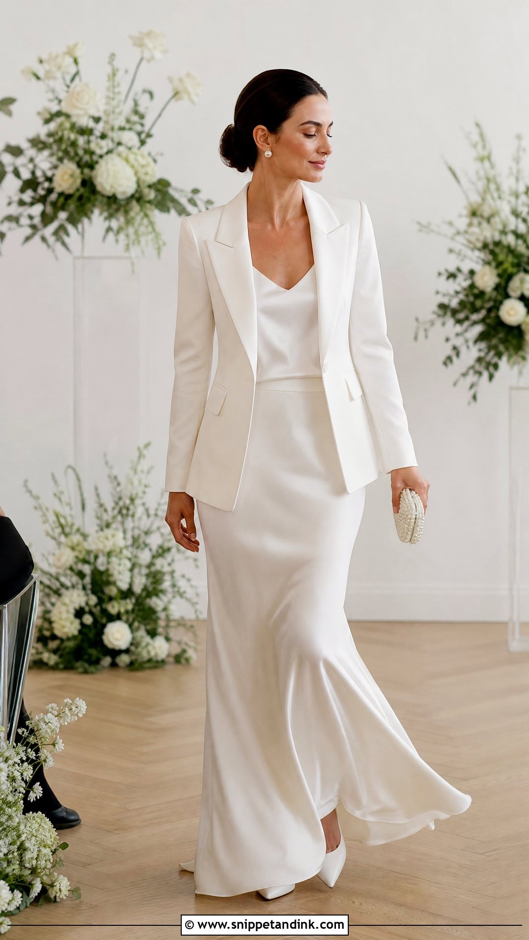 White Blazer With Satin Maxi Skirt - Snippet and Ink - 20 White Suit for Wedding Women Ideas