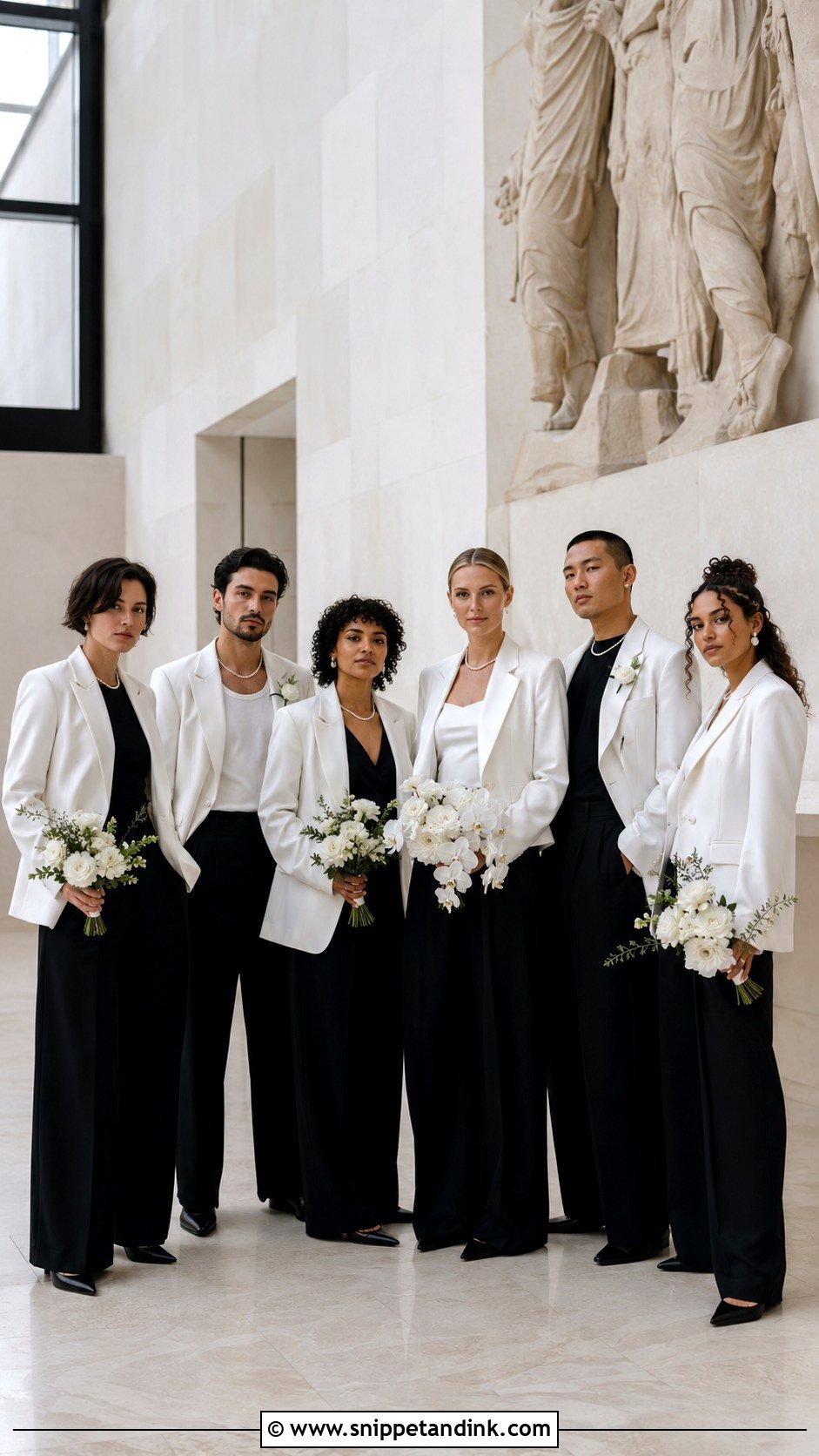 White Blazers And Black Wide Leg Trousers - Snippet and Ink - 20 Black and White Wedding Party Attire Ideas