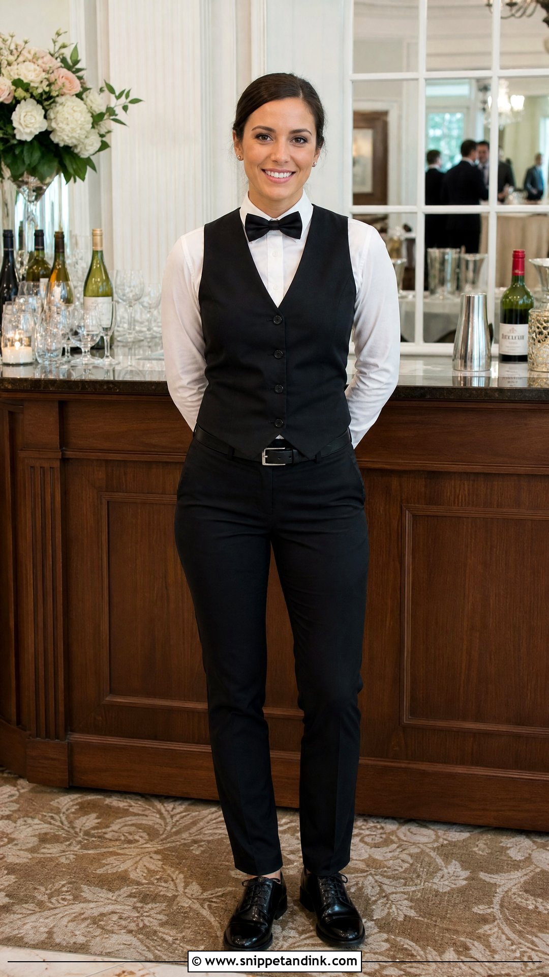 White Blouse And Black Vest Wedding Bartender Outfit - Snippet and Ink - 20 Wedding Bartender Outfit Ideas