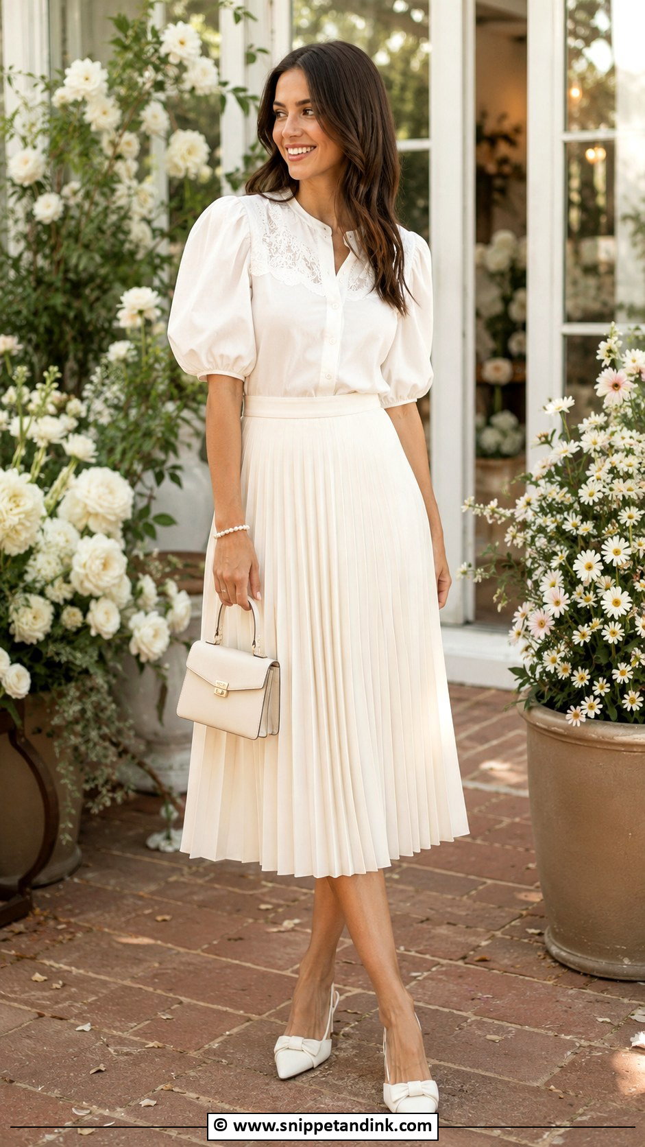 White Blouse And Midi Skirt Bridal Brunch Outfit - Snippet and Ink - 25 Bridal Brunch Outfit Ideas