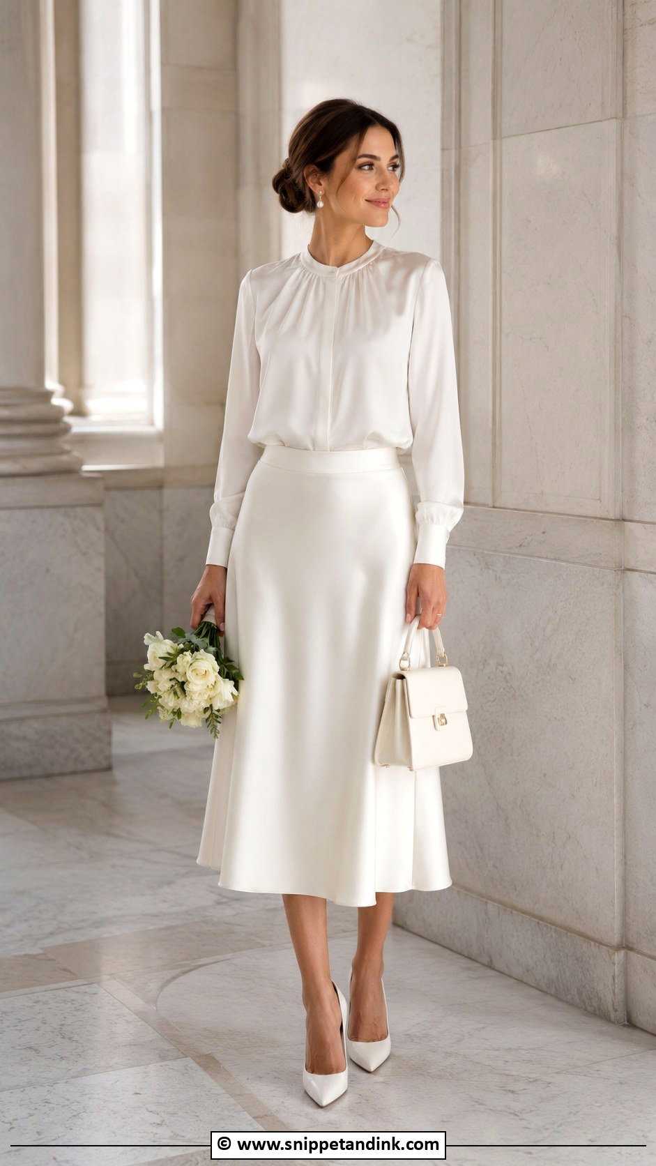 White Blouse And Skirt Court Wedding Outfit - Snippet and Ink - 30 Court Wedding Dress Ideas