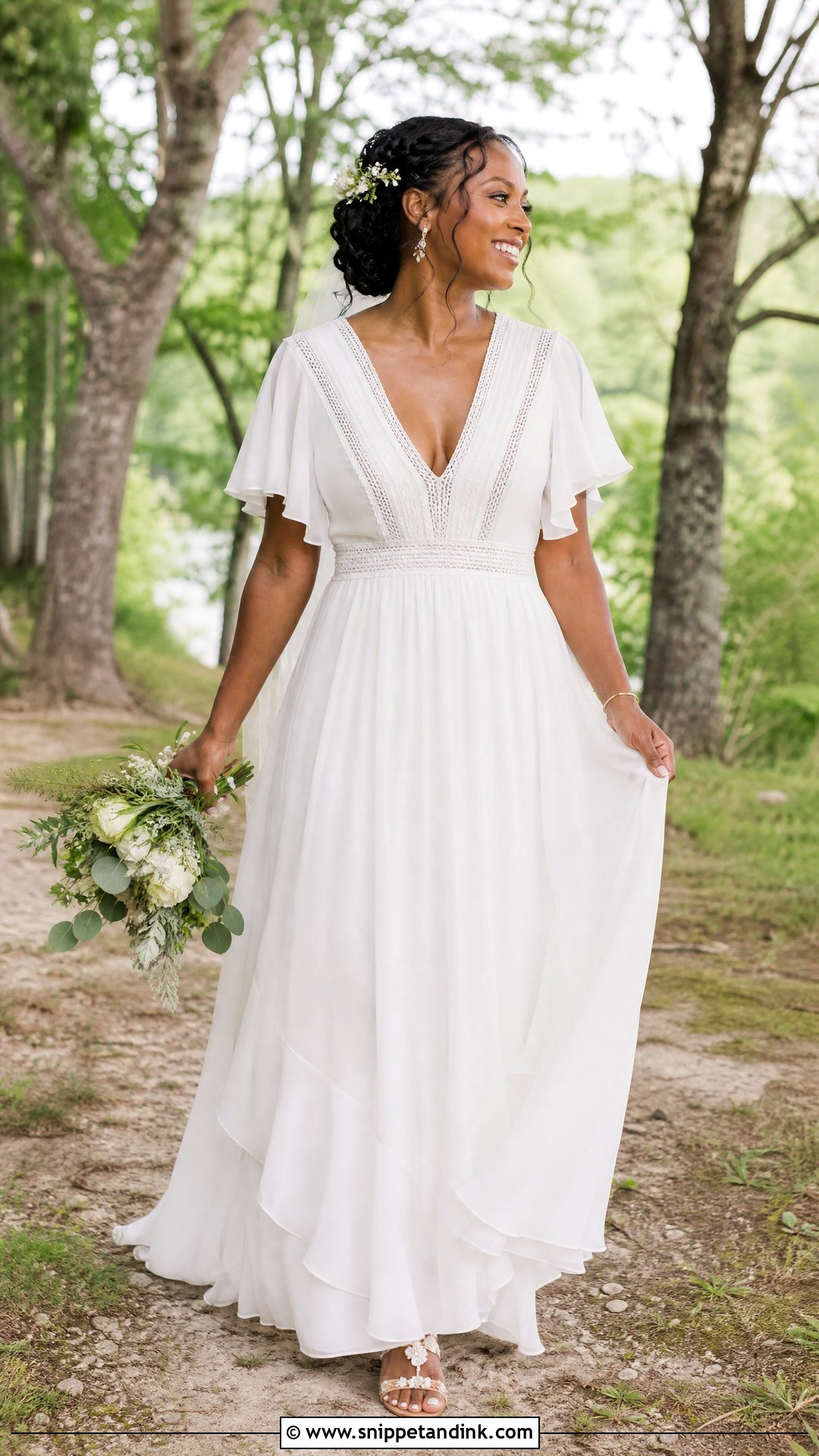 White Boho Chiffon Wedding Dress With Floral Hairpiece - Snippet and Ink - 20 White Wedding Dresses Black Women