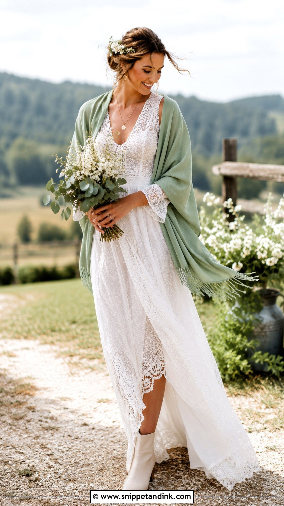 White Boho Wedding Dress With Sage Green Shawl - Snippet and Ink - 20 White and Green Wedding Dress Ideas