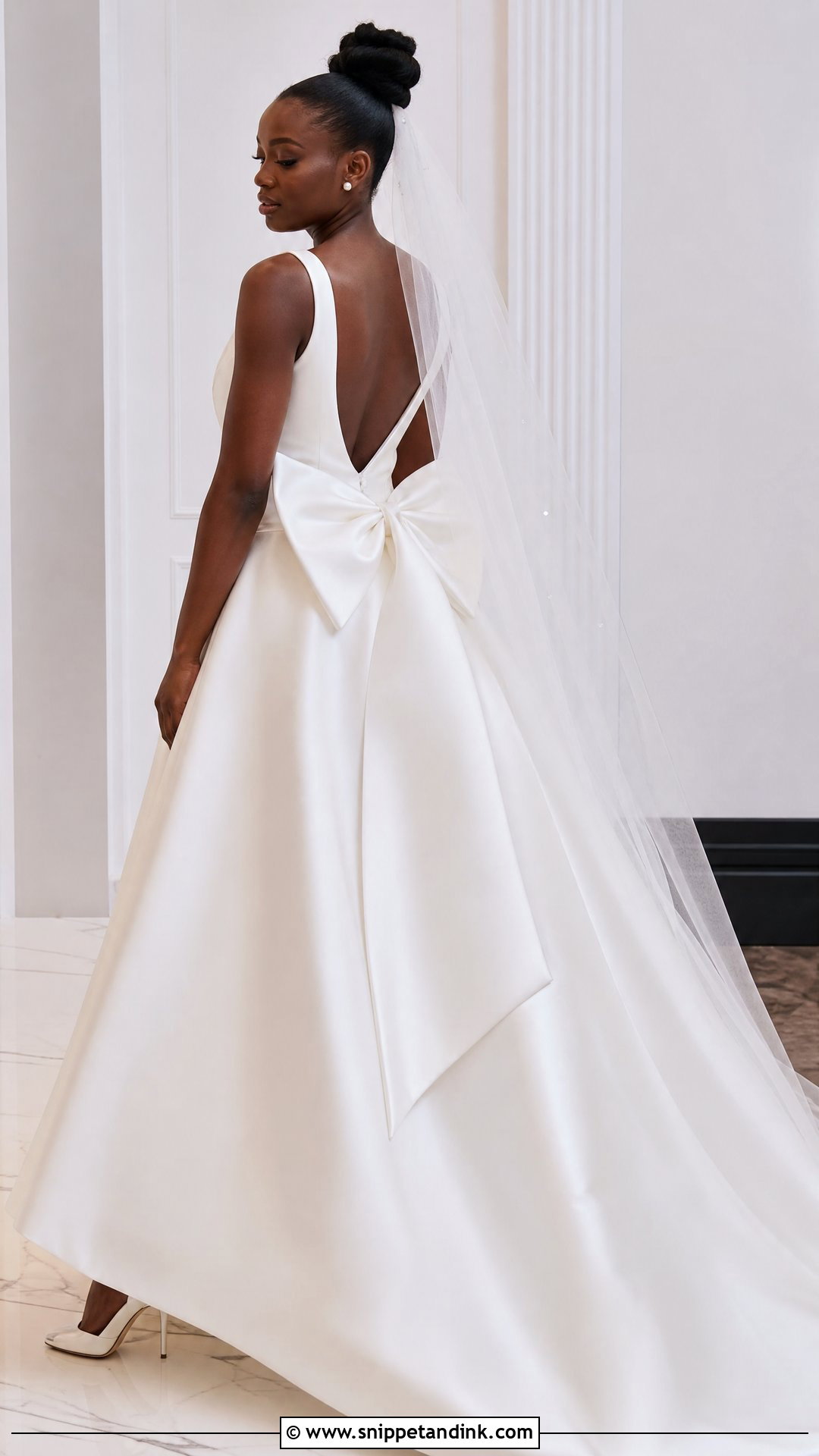 White Bow Back Wedding Dress With Pearl Accessories - Snippet and Ink - 20 White Wedding Dresses Black Women