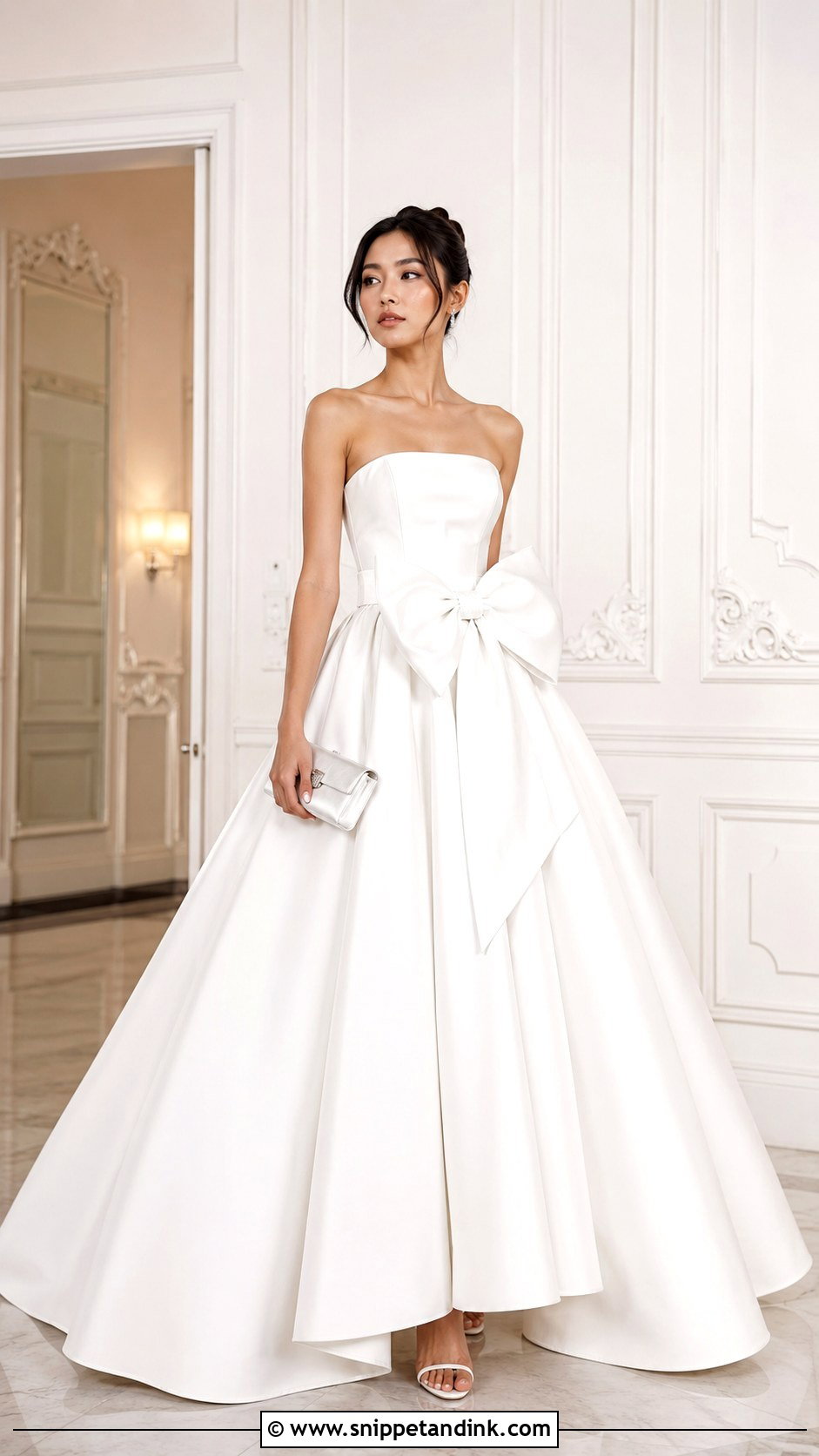 White Bow Ball Gown With Satin Clutch - Snippet and Ink - 25 White Ball Gown Ideas