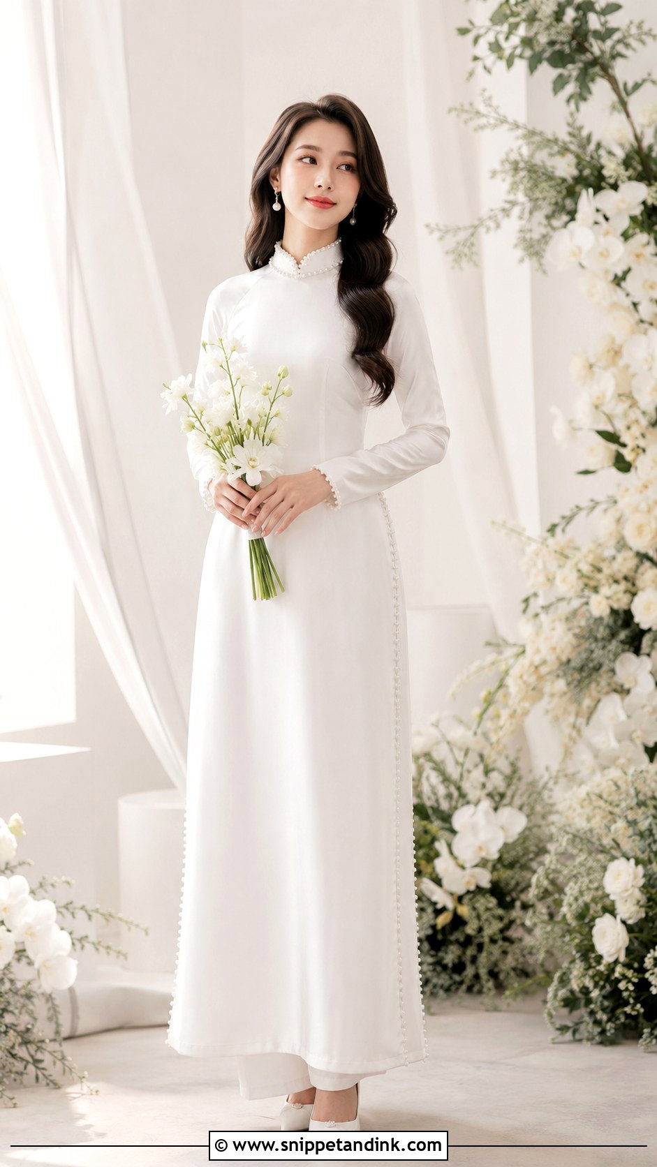 White Bridal Ao Dai With Pearl Details - Snippet and Ink - 25 Wedding Ao Dai Ideas