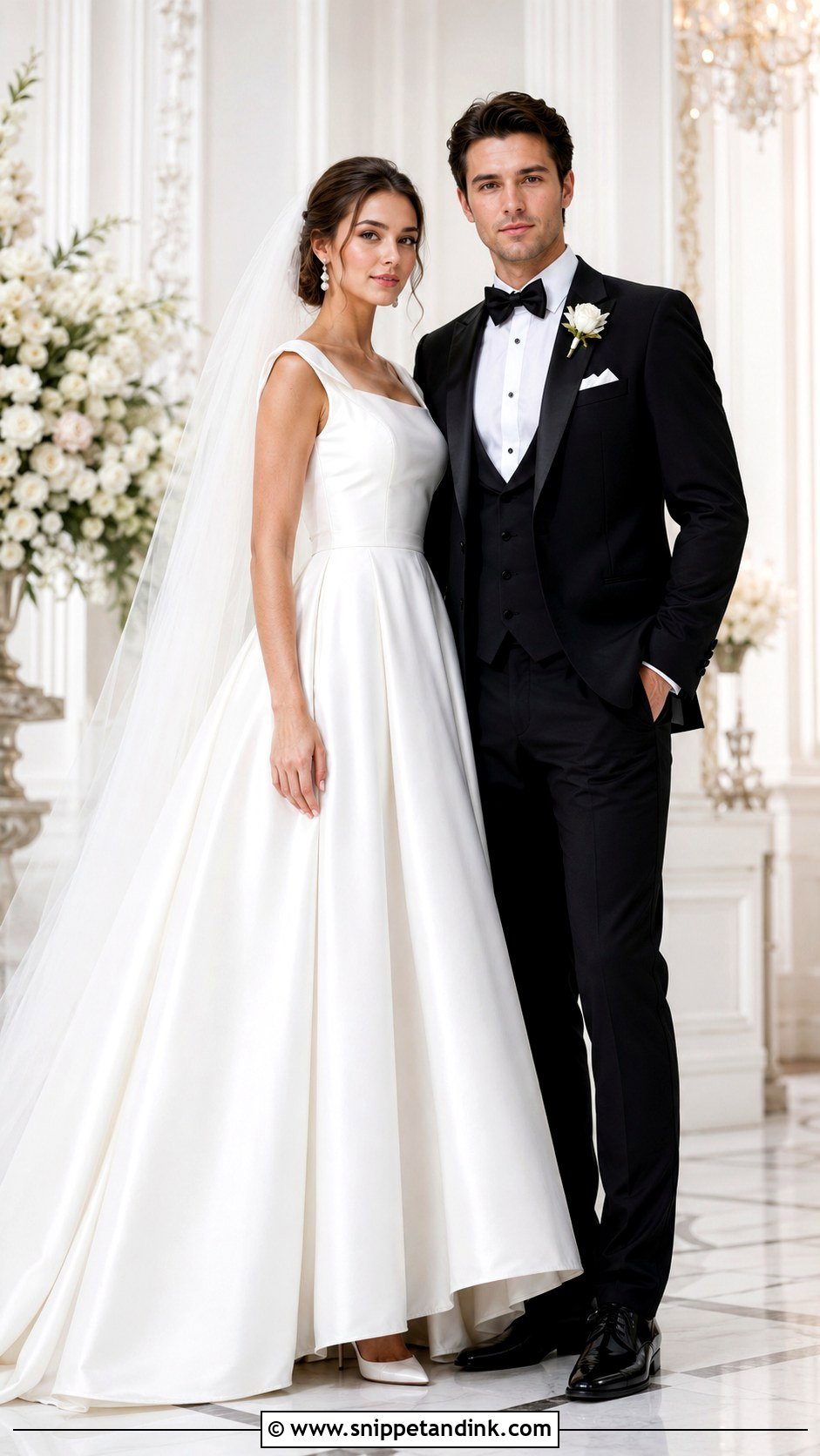White Bridal Gown And Black Tuxedo Wedding Couple Outfit - Snippet and Ink - 25 Wedding Couple Outfits