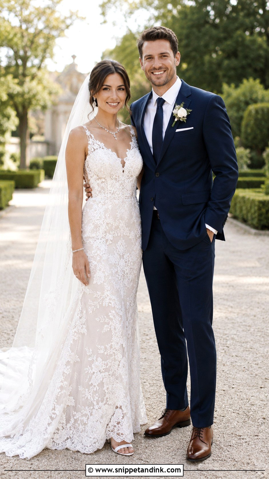 White Bridal Gown And Navy Suit Wedding Couple Dress Combination - Snippet and Ink - 25 Wedding Couple Dress Combination Ideas