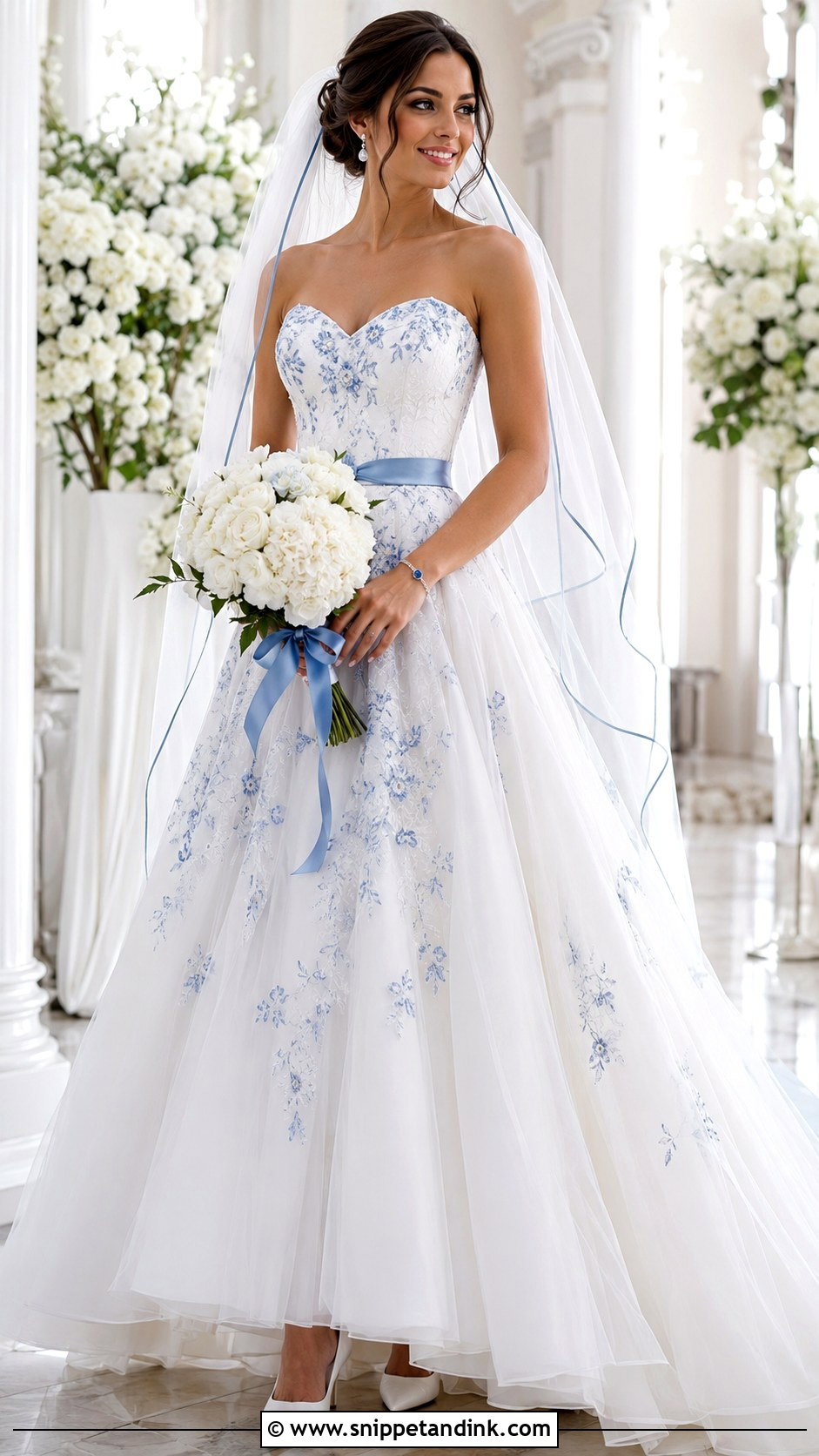 White Bridal Gown With Blue Accents - Snippet and Ink - 20 Blue and White Gown Ideas