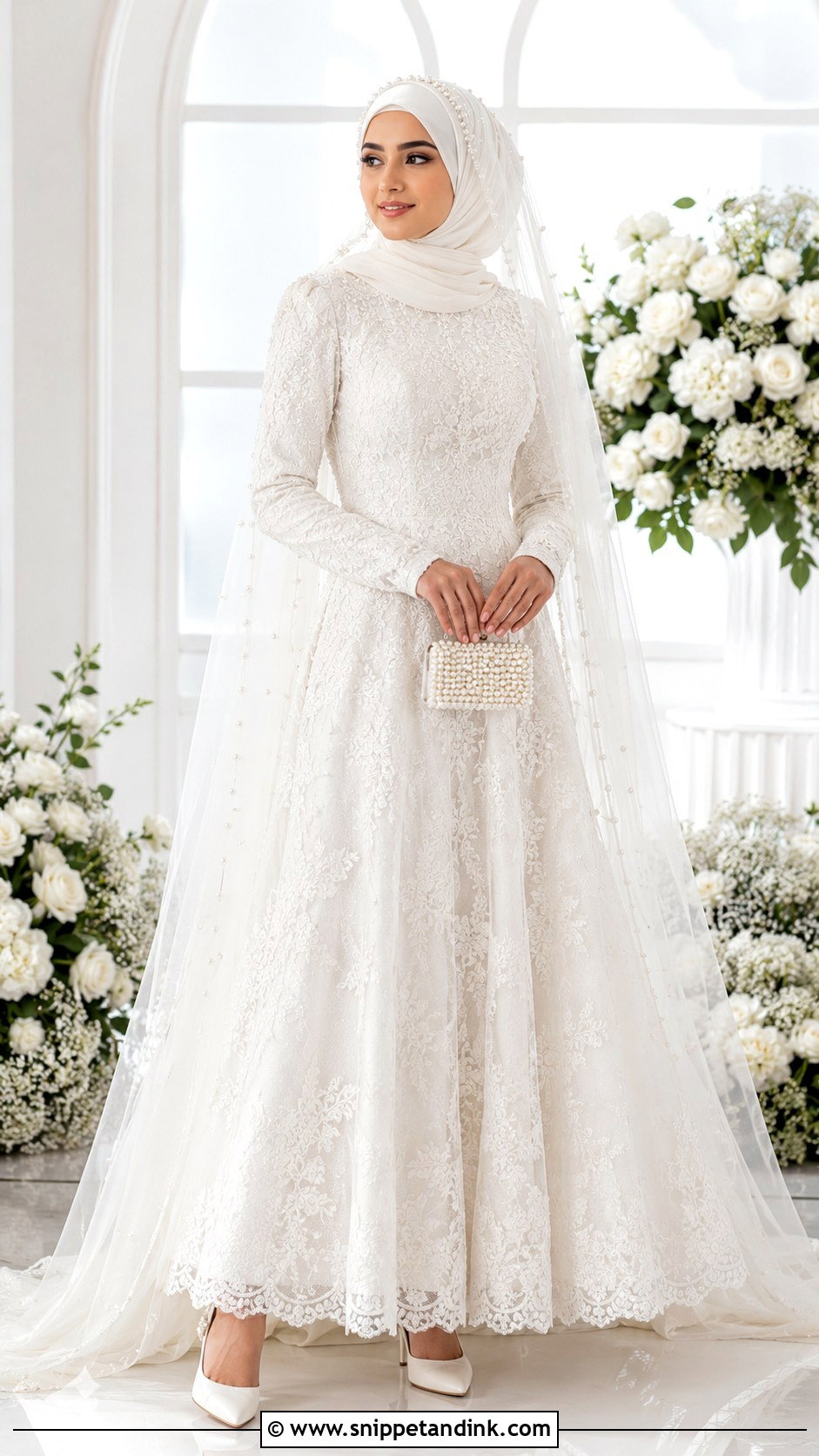 White Bridal Gown With Pearl Hijab - Snippet and Ink - 30 Wedding Hijab Styles