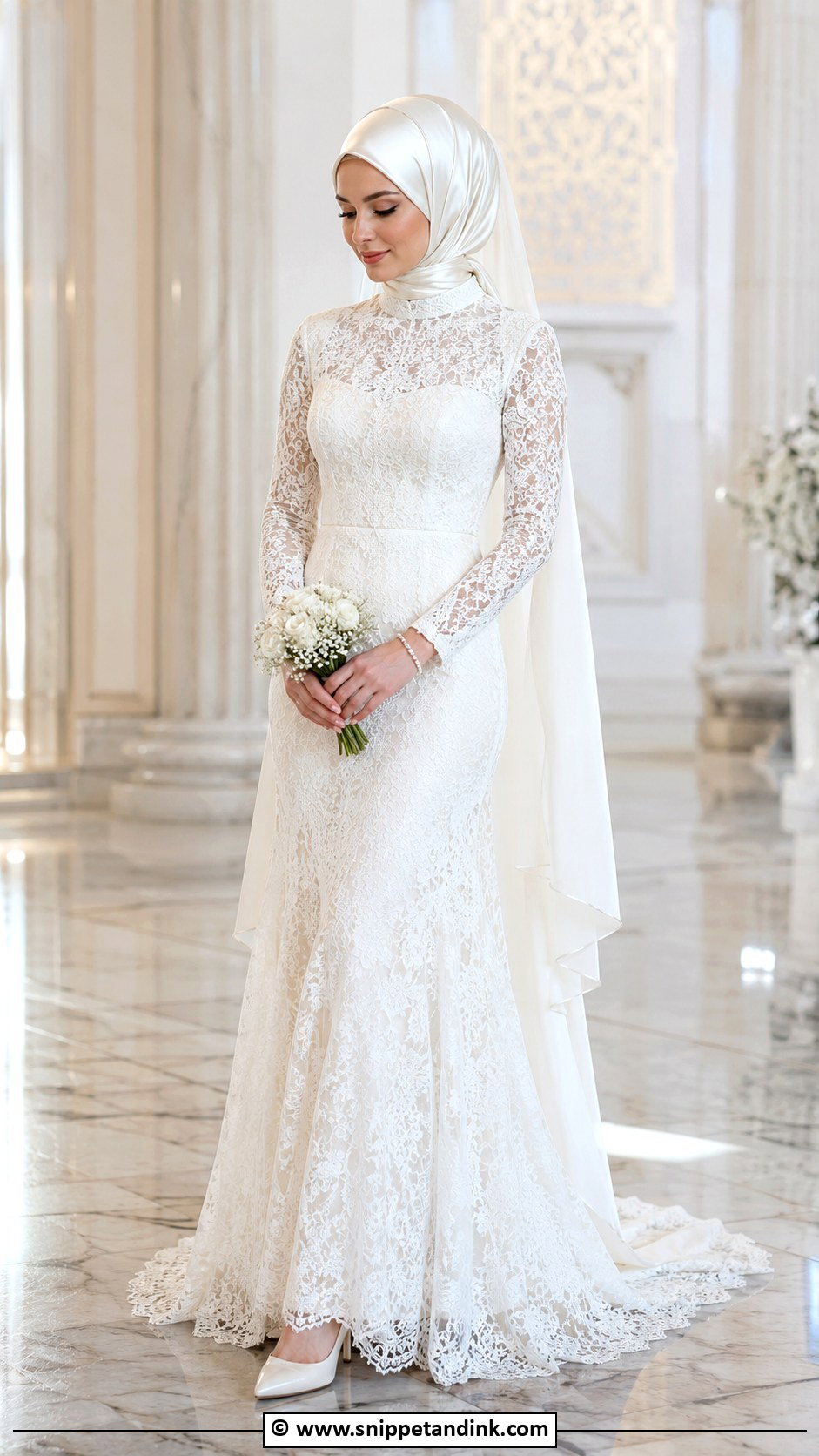White Bridal Hijab With Lace Wedding Dress - Snippet and Ink - 30 Bridal Hijab Styles