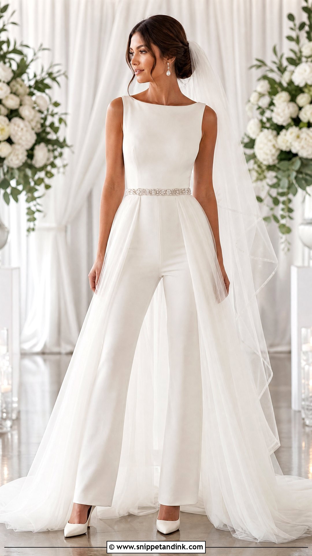 White Bridal Jumpsuit With Detachable Overskirt - Snippet and Ink - 20 White Bridal Jumpsuit Ideas