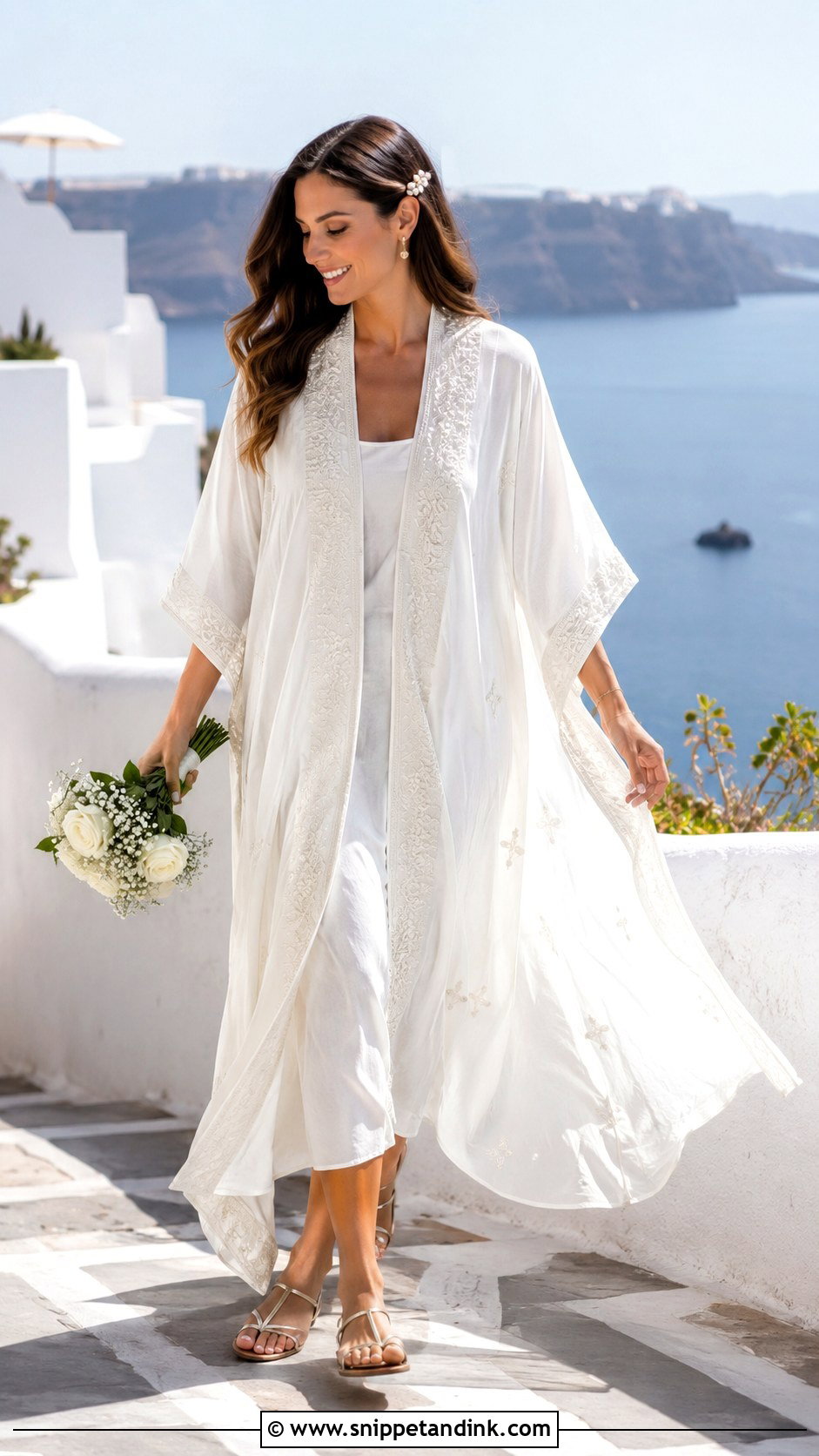 White Bridal Kaftan With Flat Sandals - Snippet and Ink - 20 Bridal Get Ready Outfits
