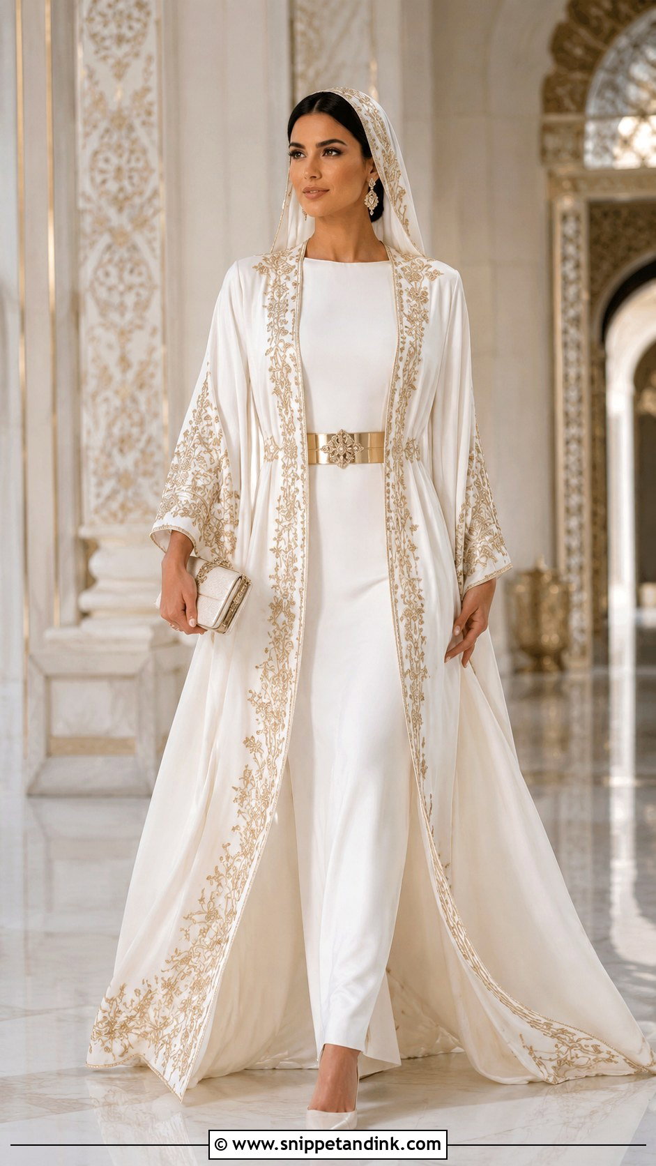 White Bridal Kaftan With Gold Embroidery - Snippet and Ink - 20 Middle Eastern Wedding Dress Ideas