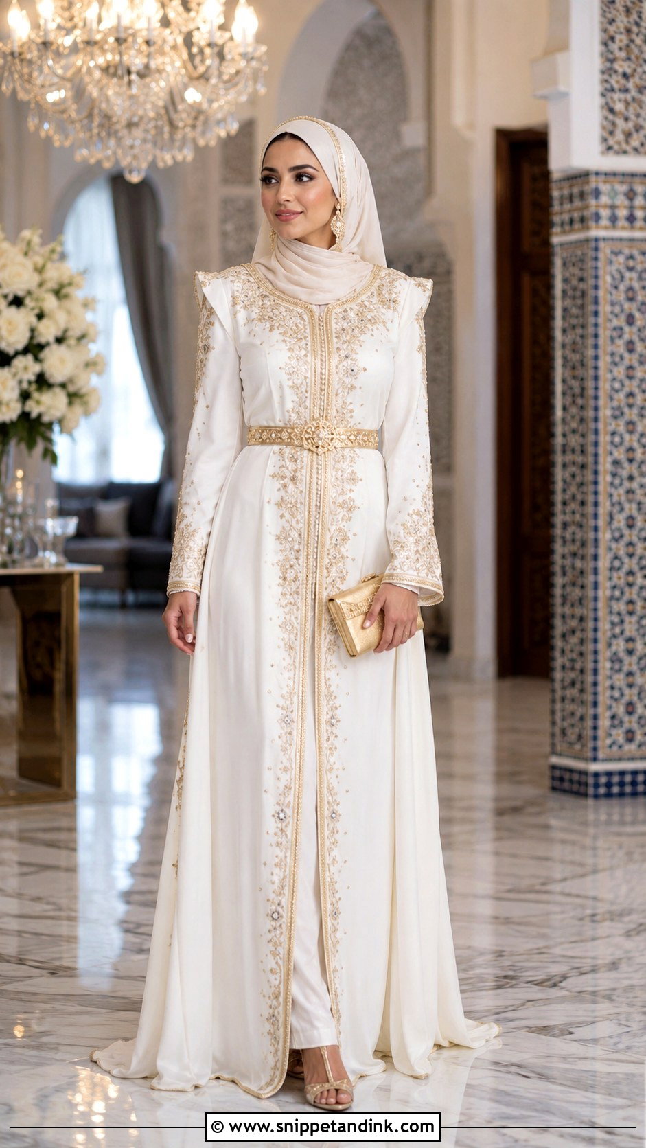 White Bridal Kaftan With Gold Hijab Details - Snippet and Ink - 20 Bridal with Hijab Ideas